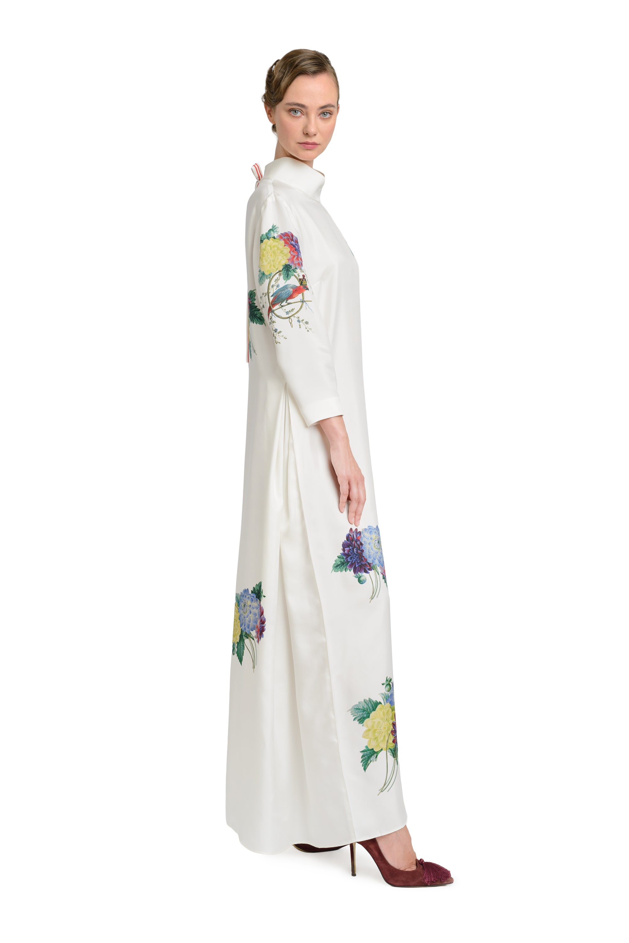 1Oth Anniversary Dress "Dahlias and Parrots" in Pearl White