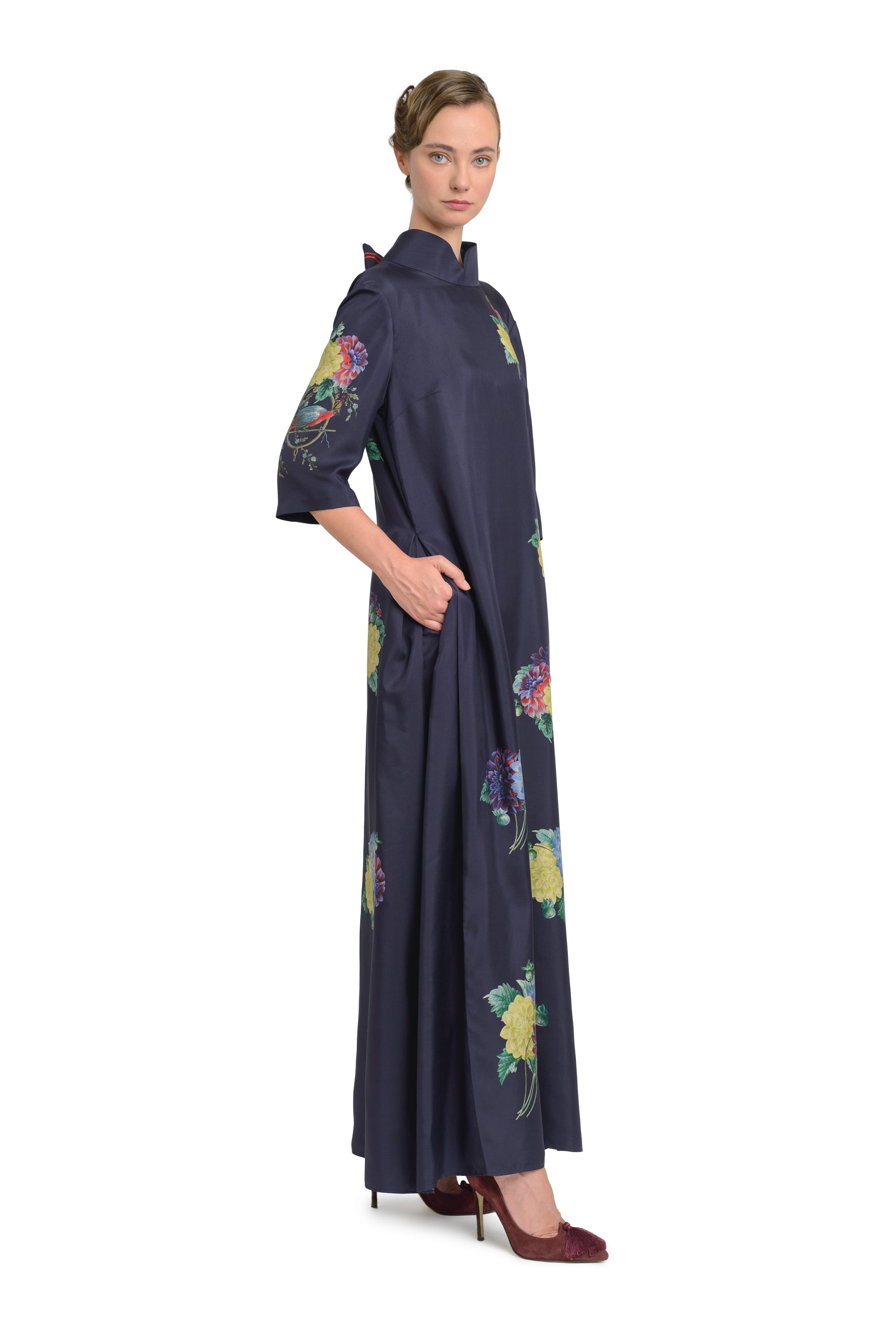 10th Anniversary Dress "Dahlias and Parrots" in Midnight Blue