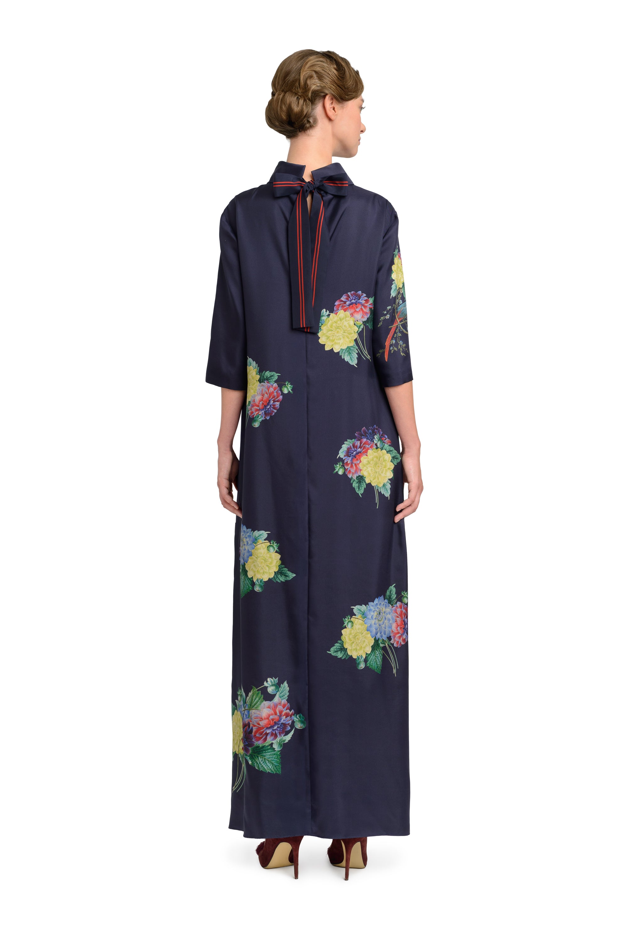 10th Anniversary Dress "Dahlias and Parrots" in Midnight Blue
