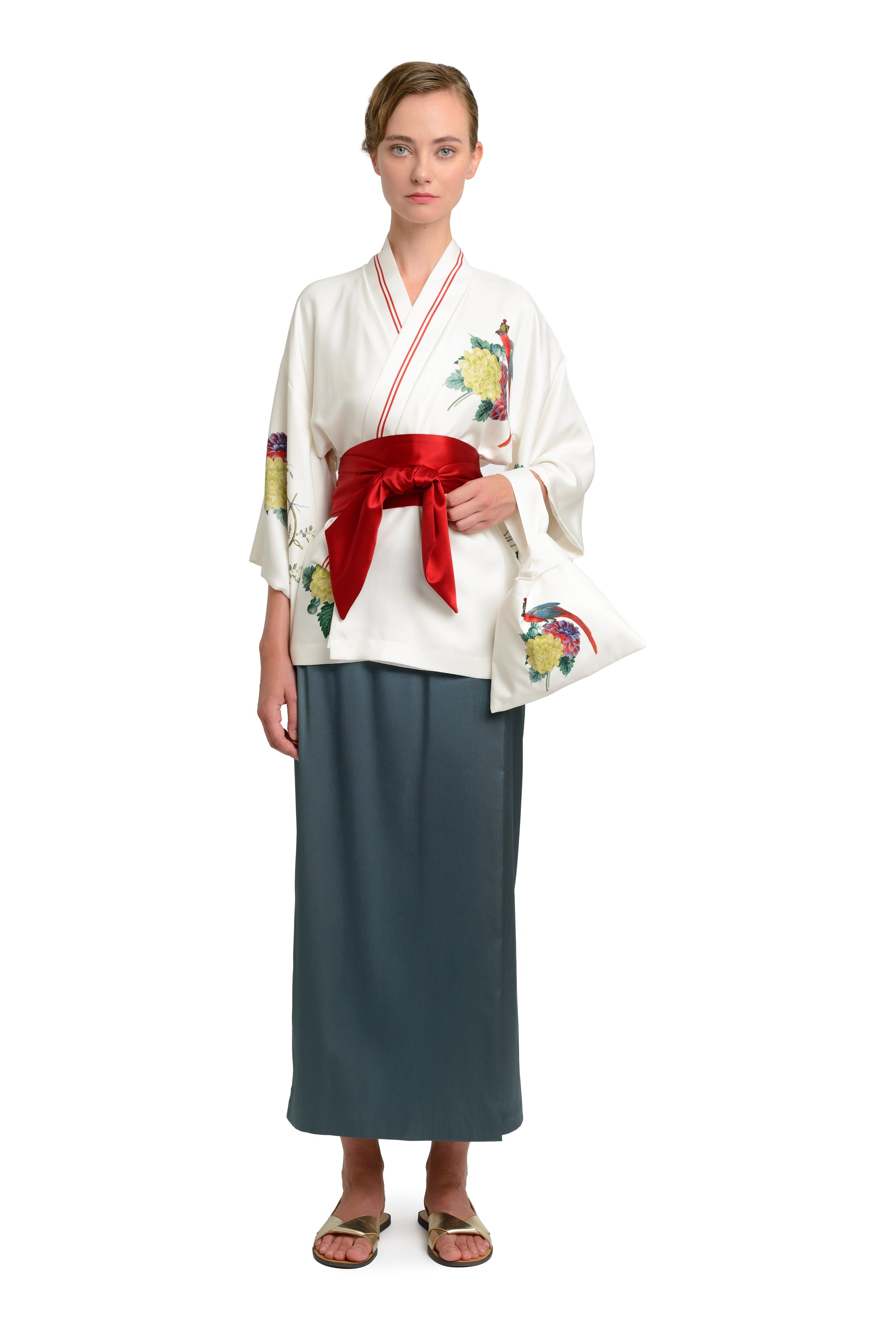 10th Anniversary Silk Jacket "Dahlias and Parrots" in Pearl White