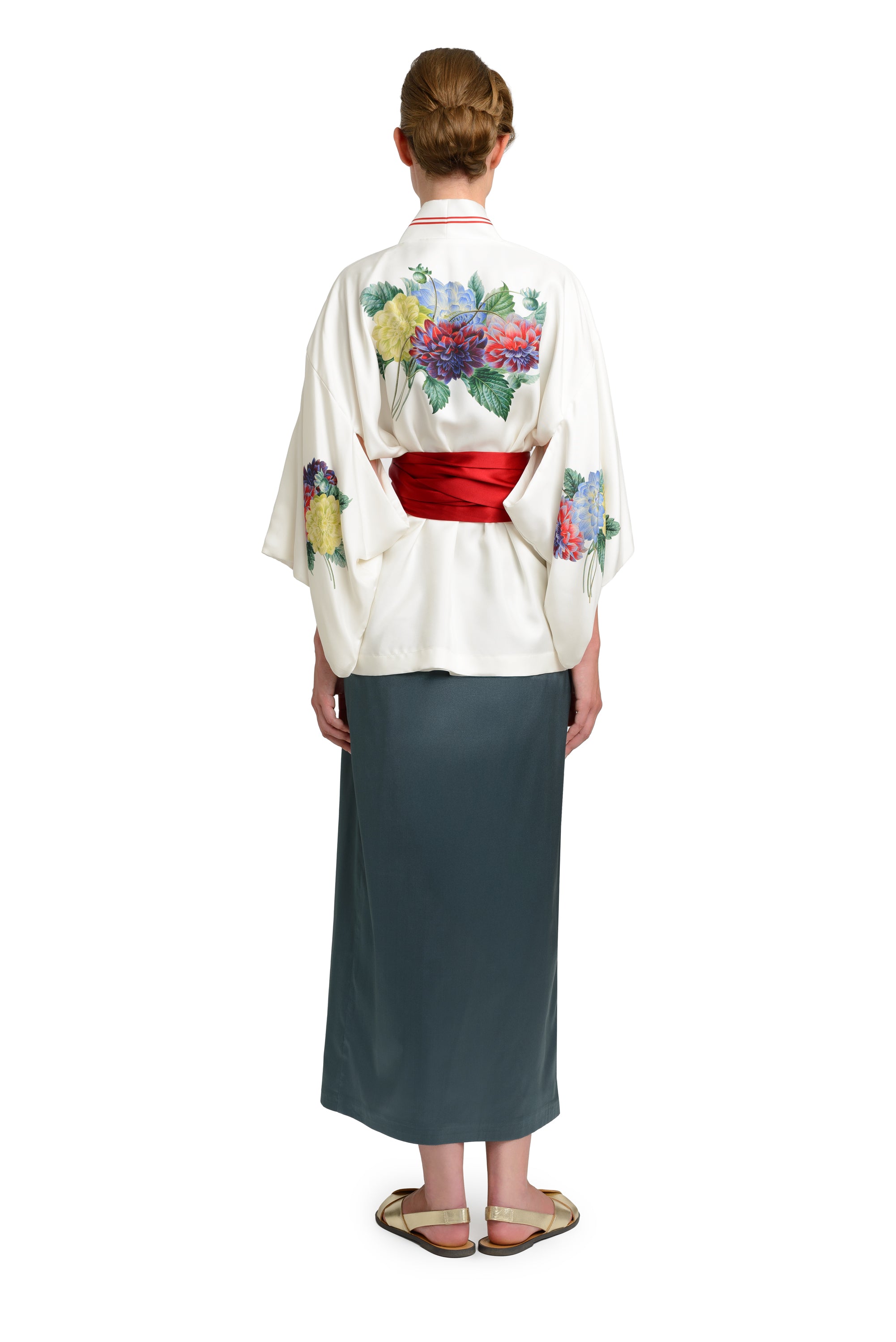 10th Anniversary Silk Jacket "Dahlias and Parrots" in Pearl White