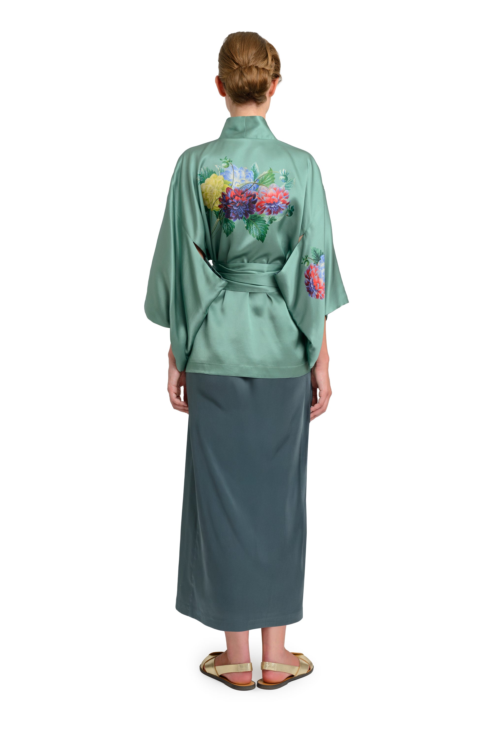 10th Anniversary Silk Jacket "Dahlias and Parrots" in Bluegreen