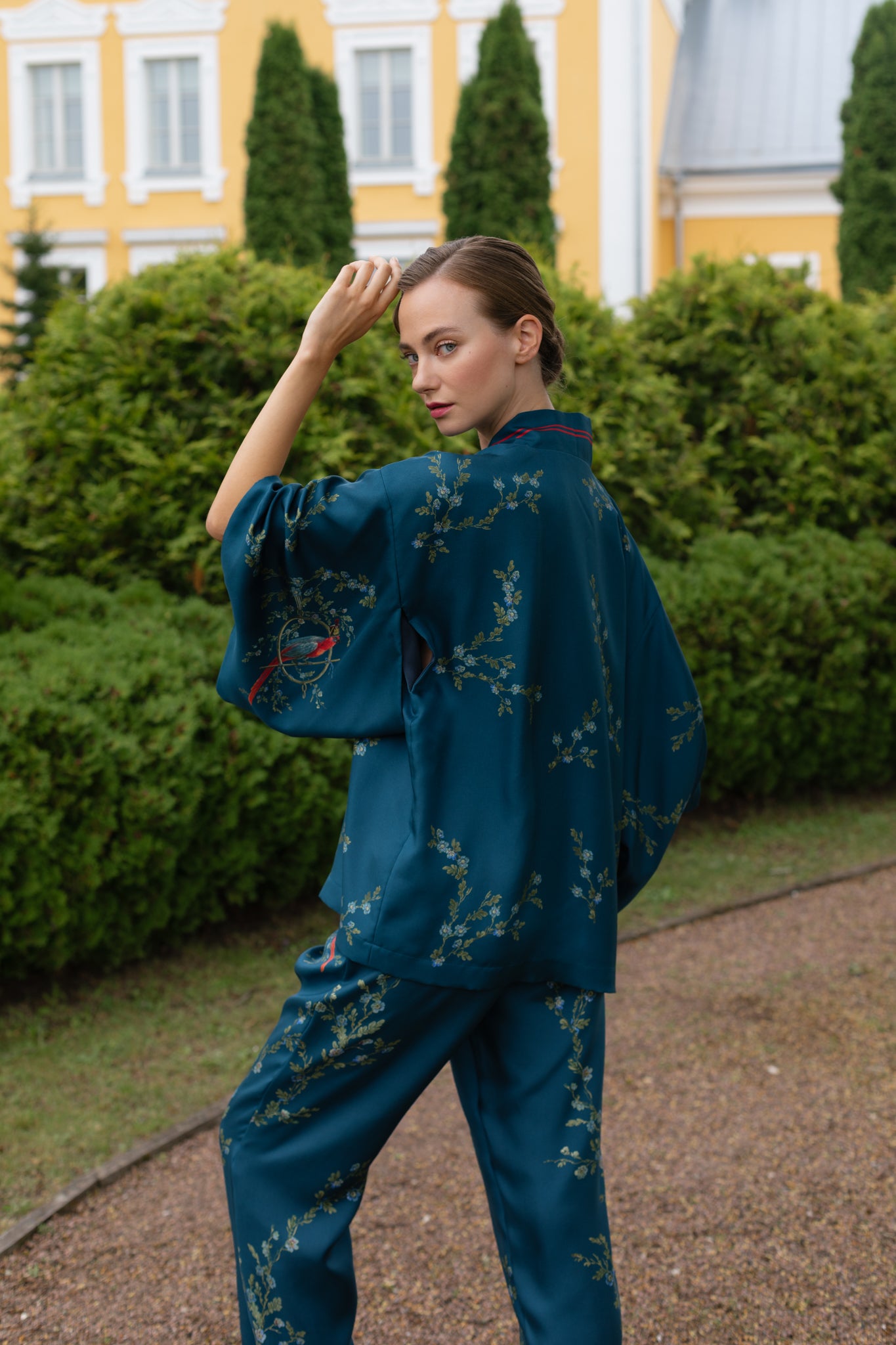 10th Anniversary Silk Suit "Le Perroquet" in Petrol Blue - House of Castlebird Rose