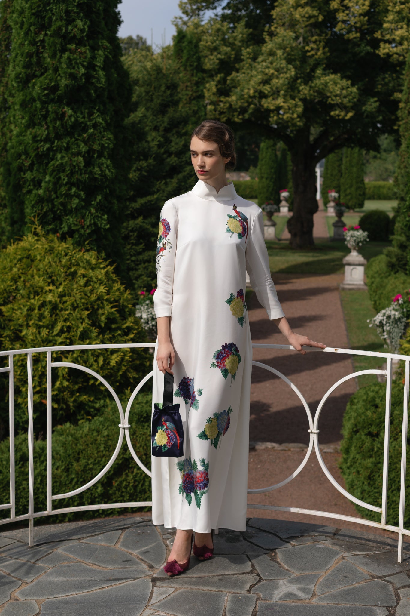 1Oth Anniversary Dress "Dahlias and Parrots" in Pearl White