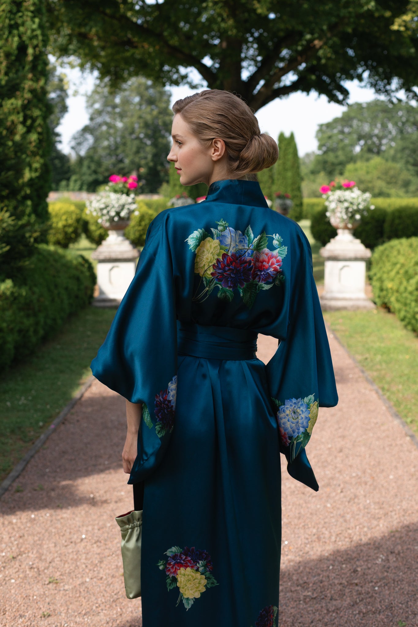 10th Anniversary Kimono "Dahlias" in Petrol Blue