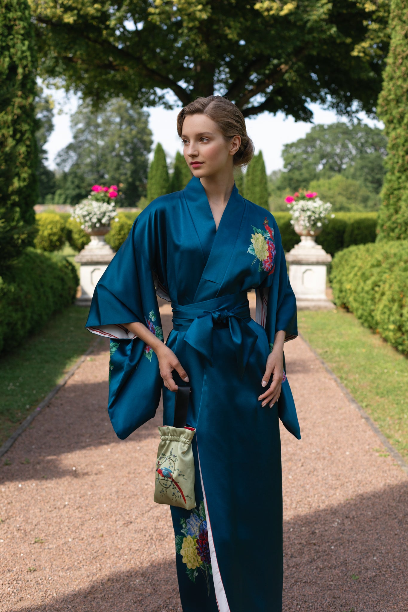 10th Anniversary Kimono "Dahlias" in Petrol Blue