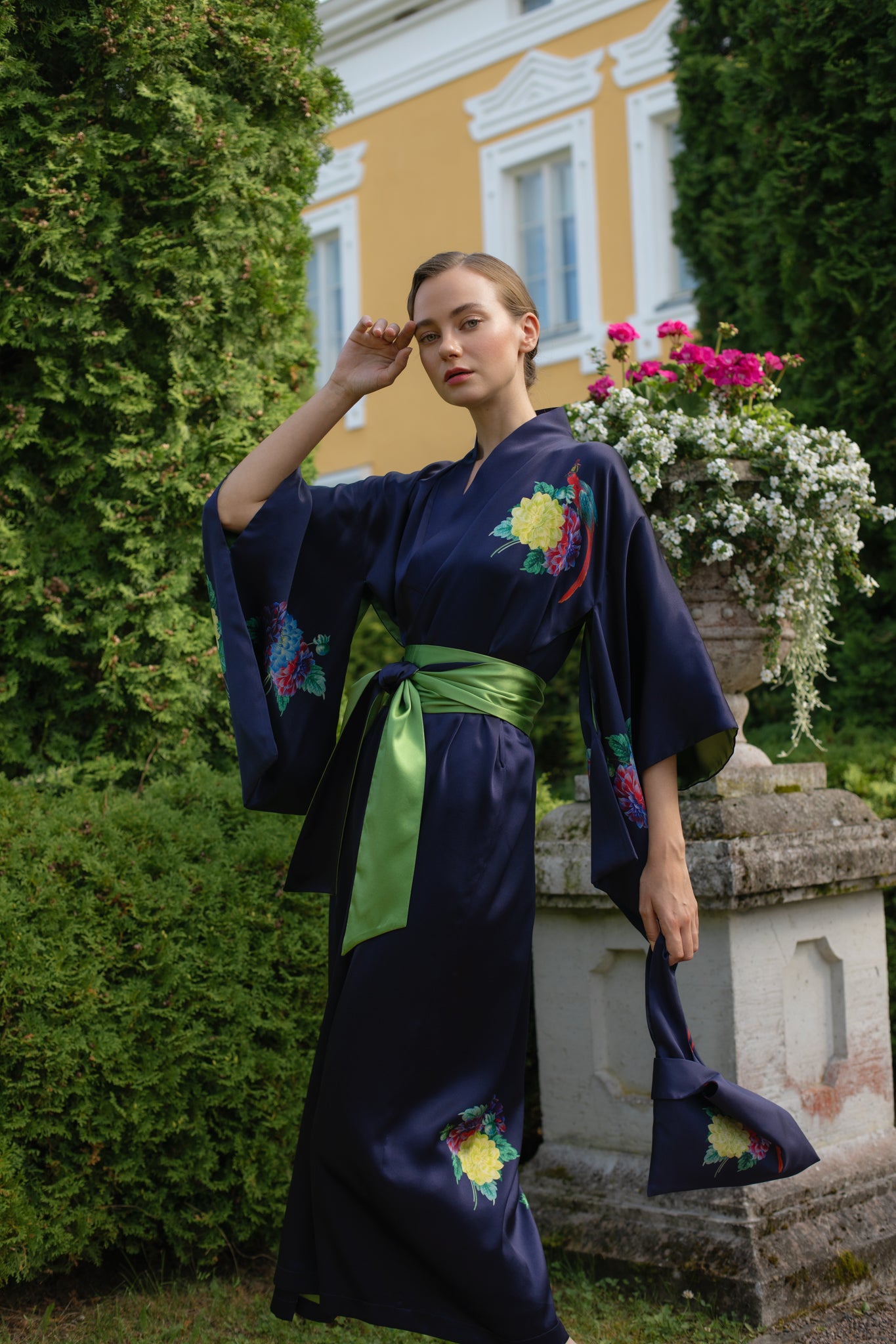 10th Anniversary Kimono "Dahlias" in Midnight Blue - House of Castlebird Rose