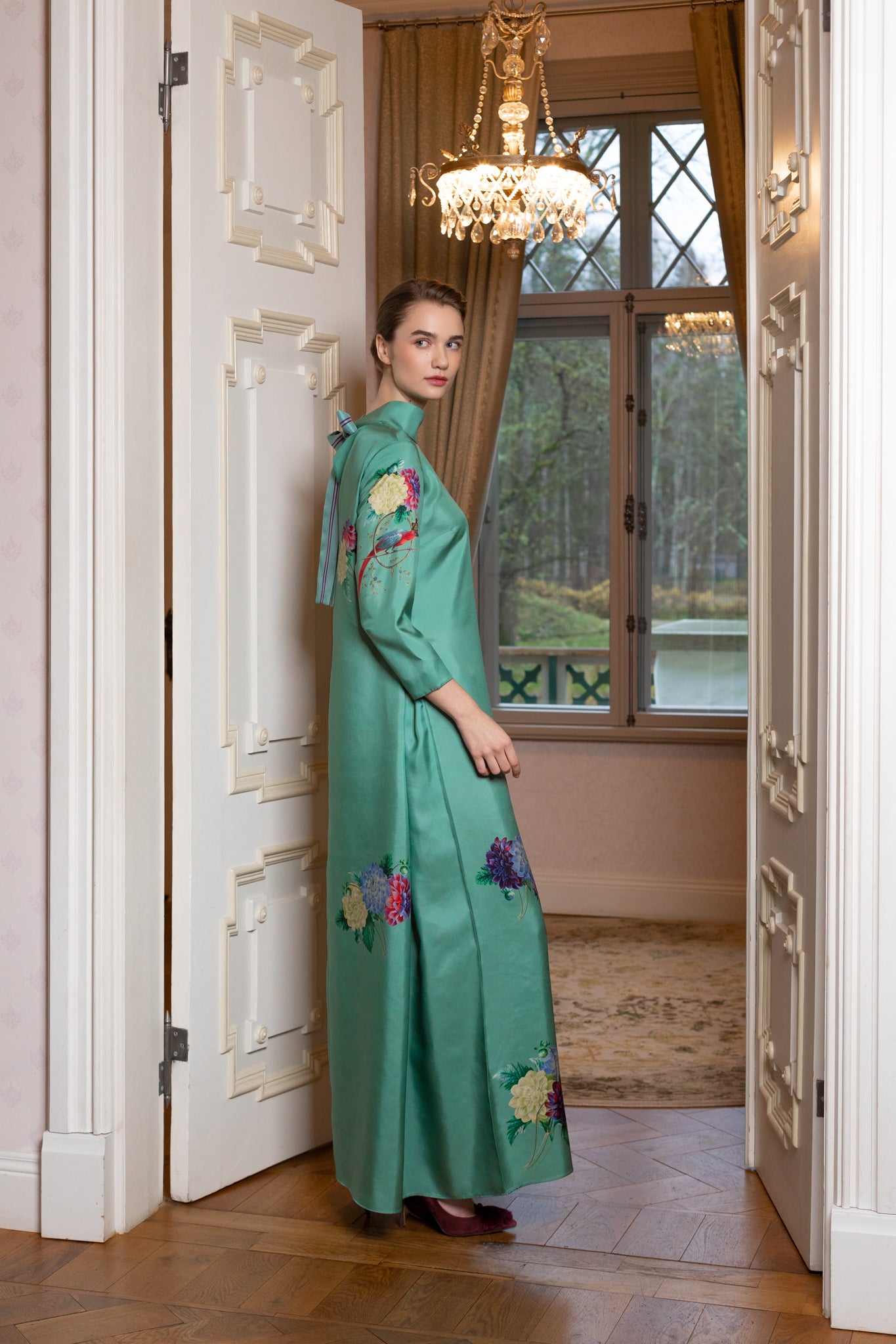 SILK DRESS "DAHLIAS AND PARROTS" IN BLUEGREEN