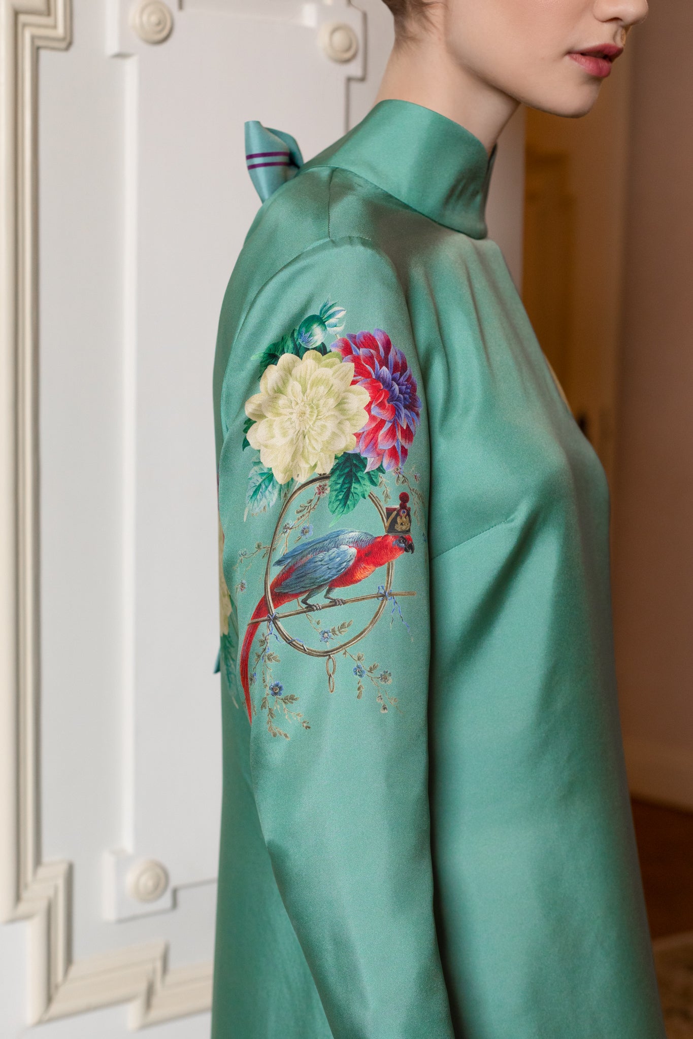 SILK DRESS "DAHLIAS AND PARROTS" IN BLUEGREEN