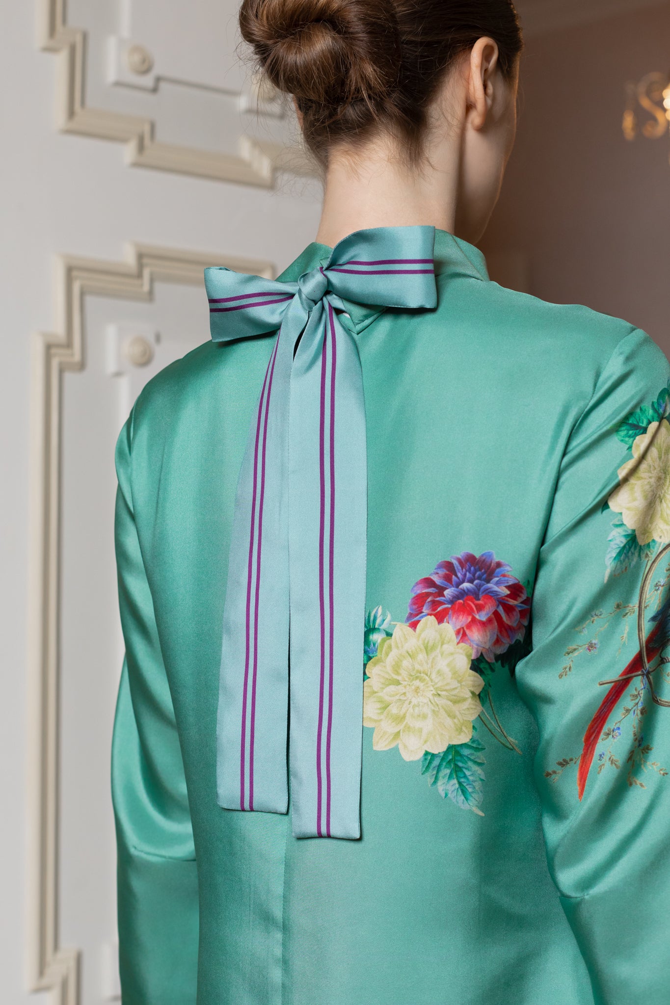 SILK DRESS "DAHLIAS AND PARROTS" IN BLUEGREEN