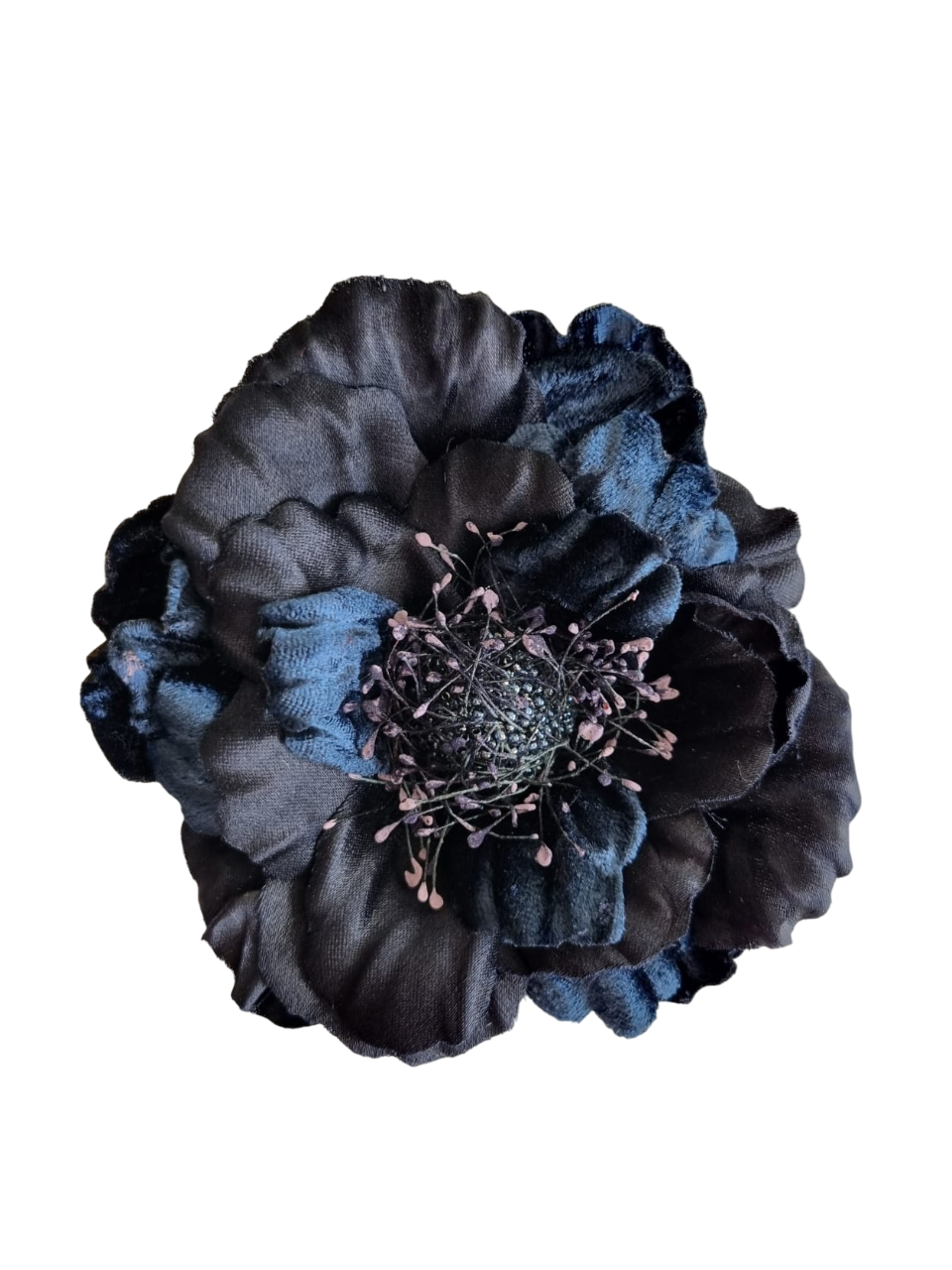 One-of-a-Kind Flower Brooch - in midnight blue silk and velvet – Crafted in Paris
