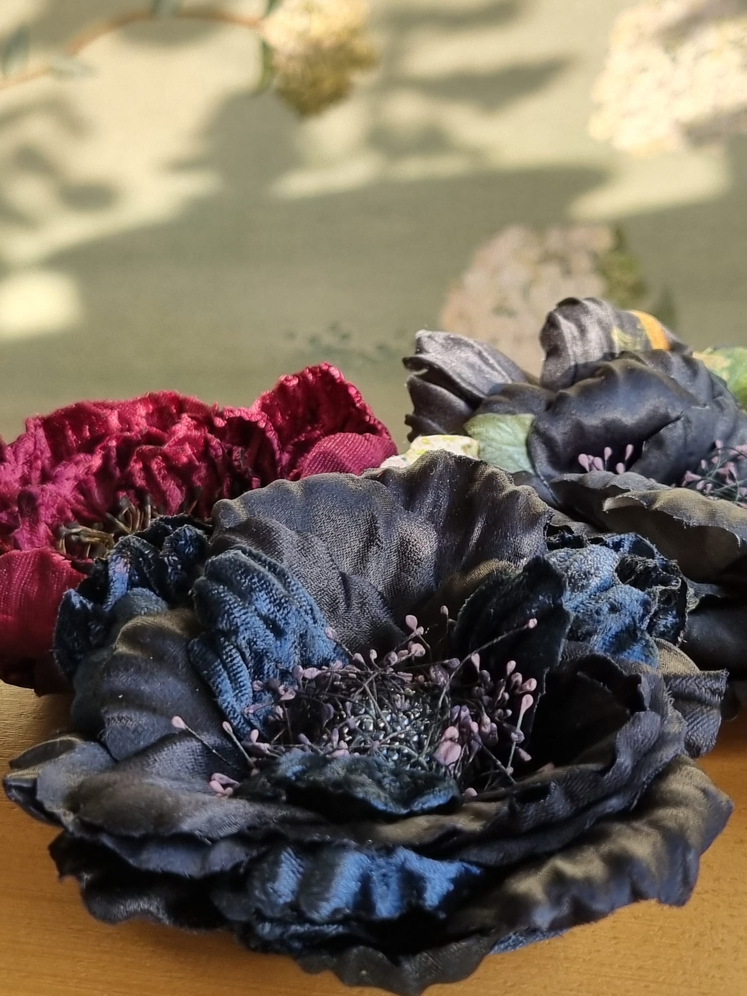 One-of-a-Kind Flower Brooch - in midnight blue silk and velvet – Crafted in Paris