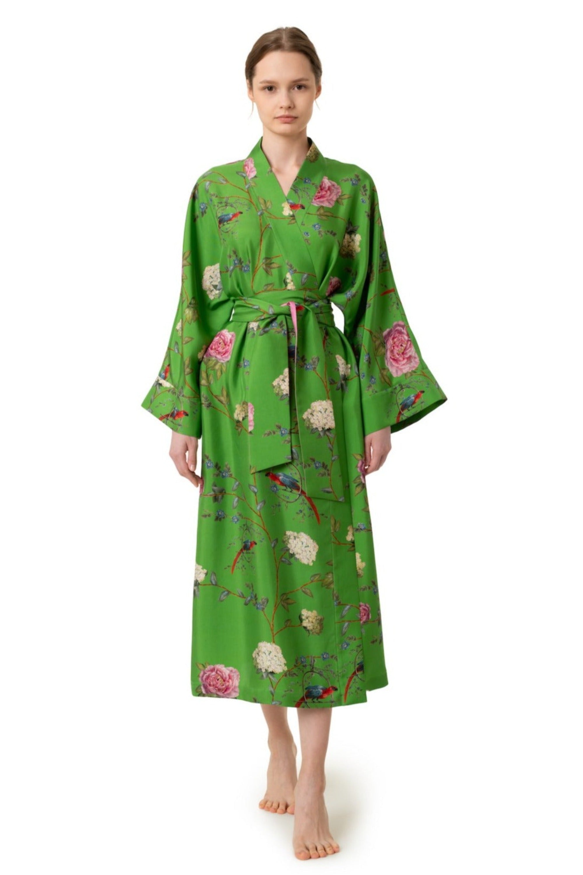 Silk Robe ''Chinoiserie'' In Emerald Green - House of Castlebird Rose