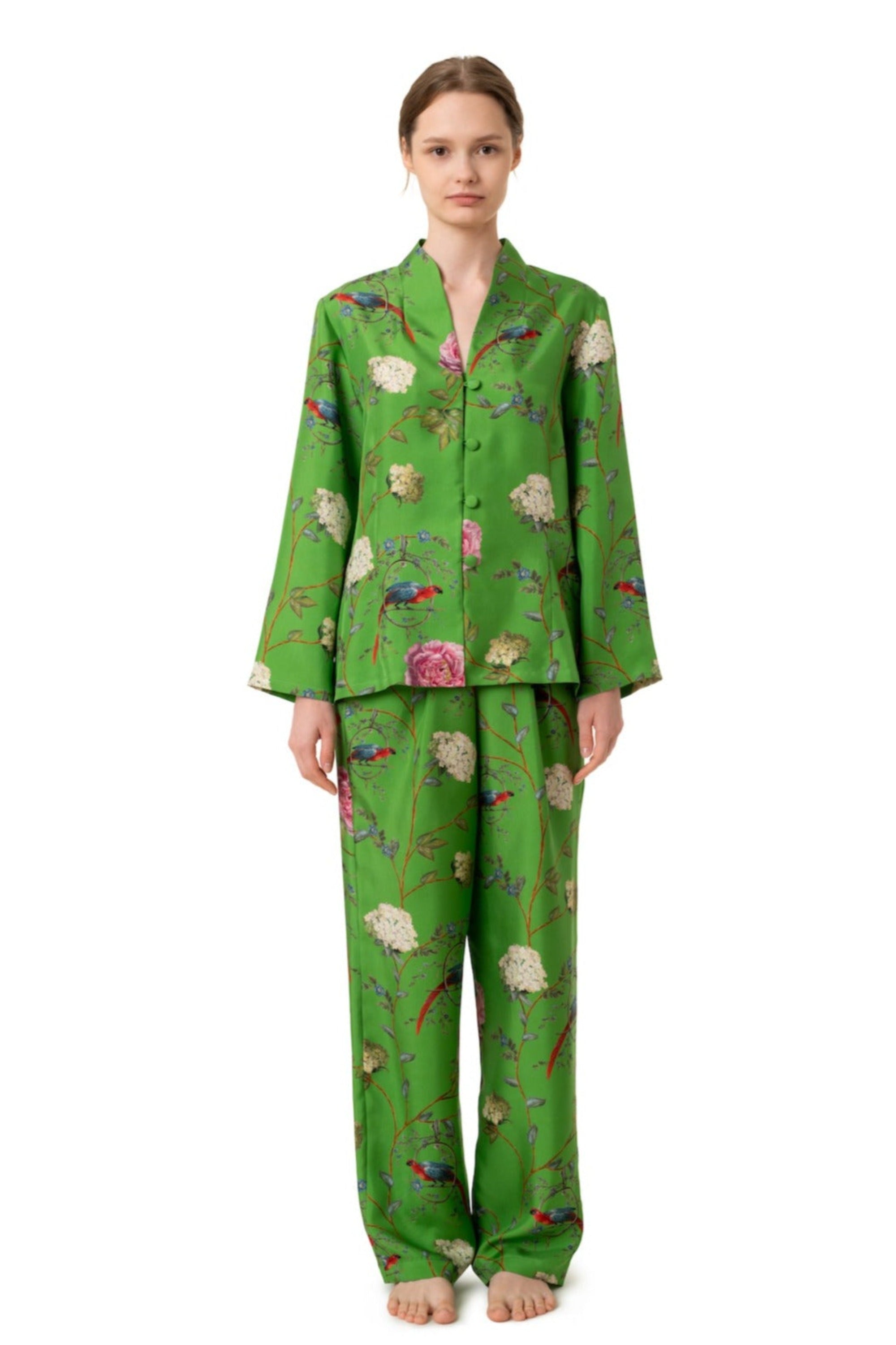 Silk Lounge Suit ''Chinoiserie'' in Emerald Green - House of Castlebird Rose