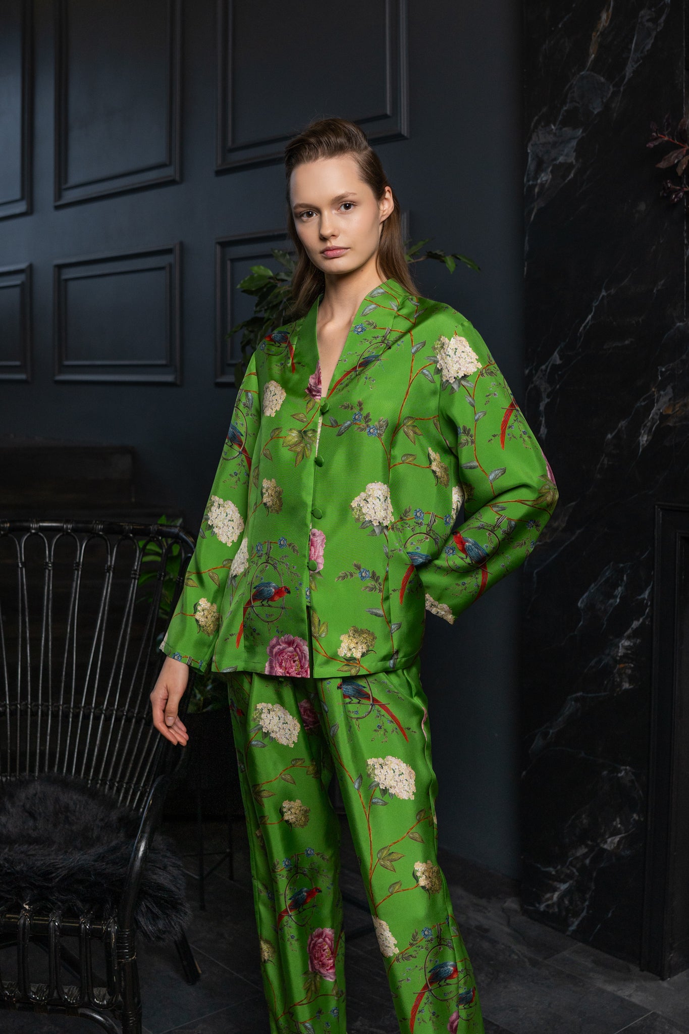 Silk Lounge Suit ''Chinoiserie'' in Emerald Green - House of Castlebird Rose