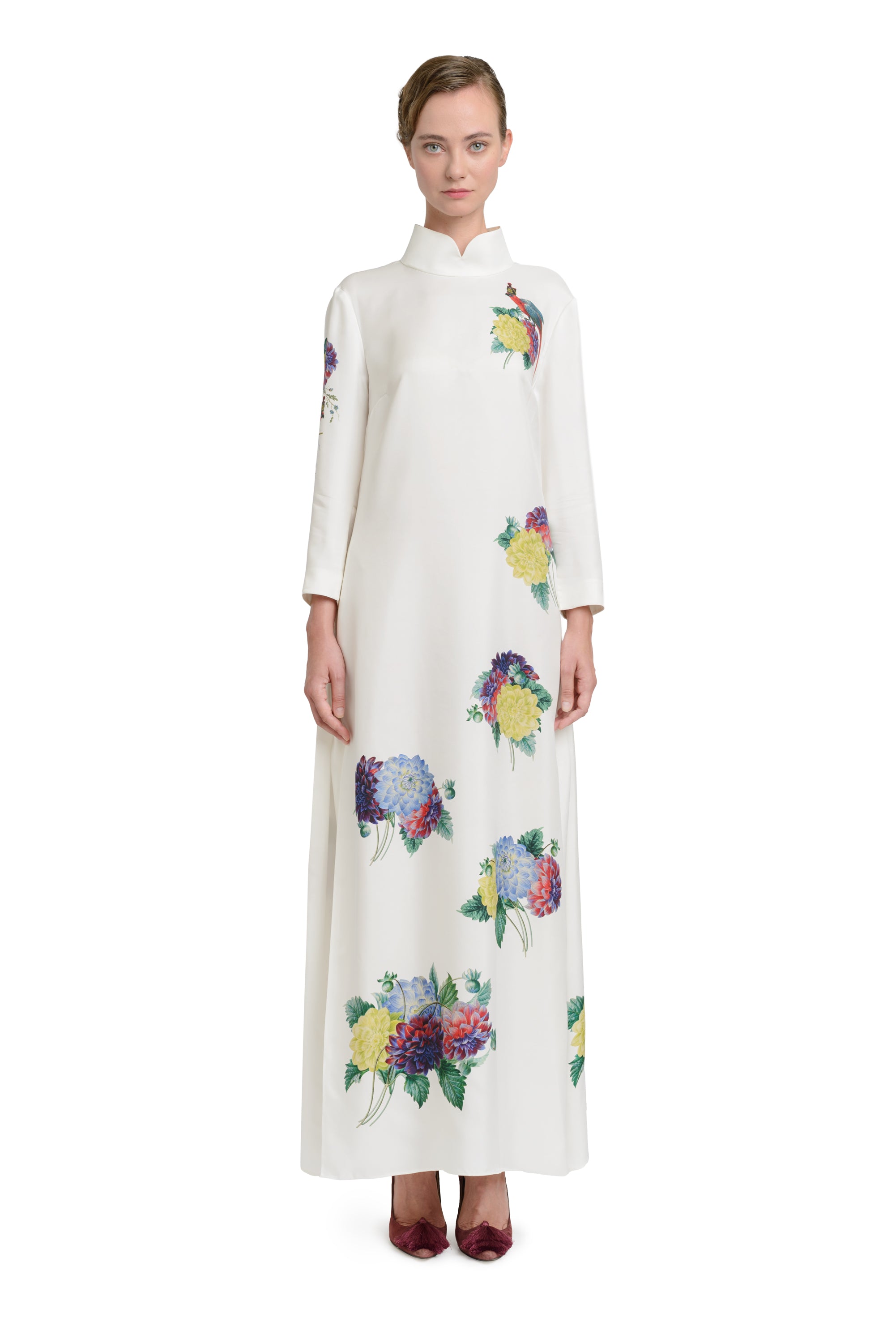 1Oth Anniversary Dress "Dahlias and Parrots" in Pearl White