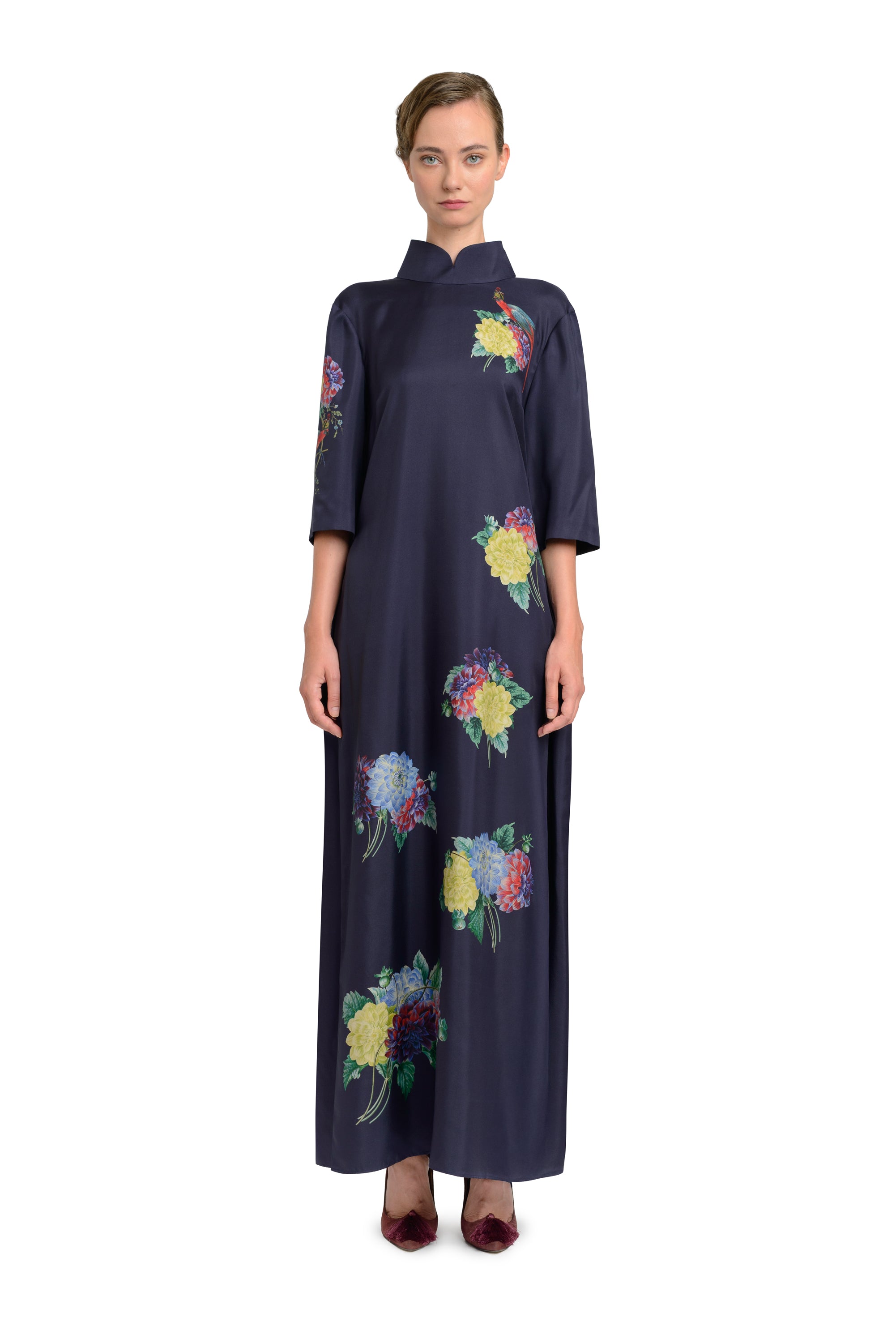 10th Anniversary Dress "Dahlias and Parrots" in Midnight Blue