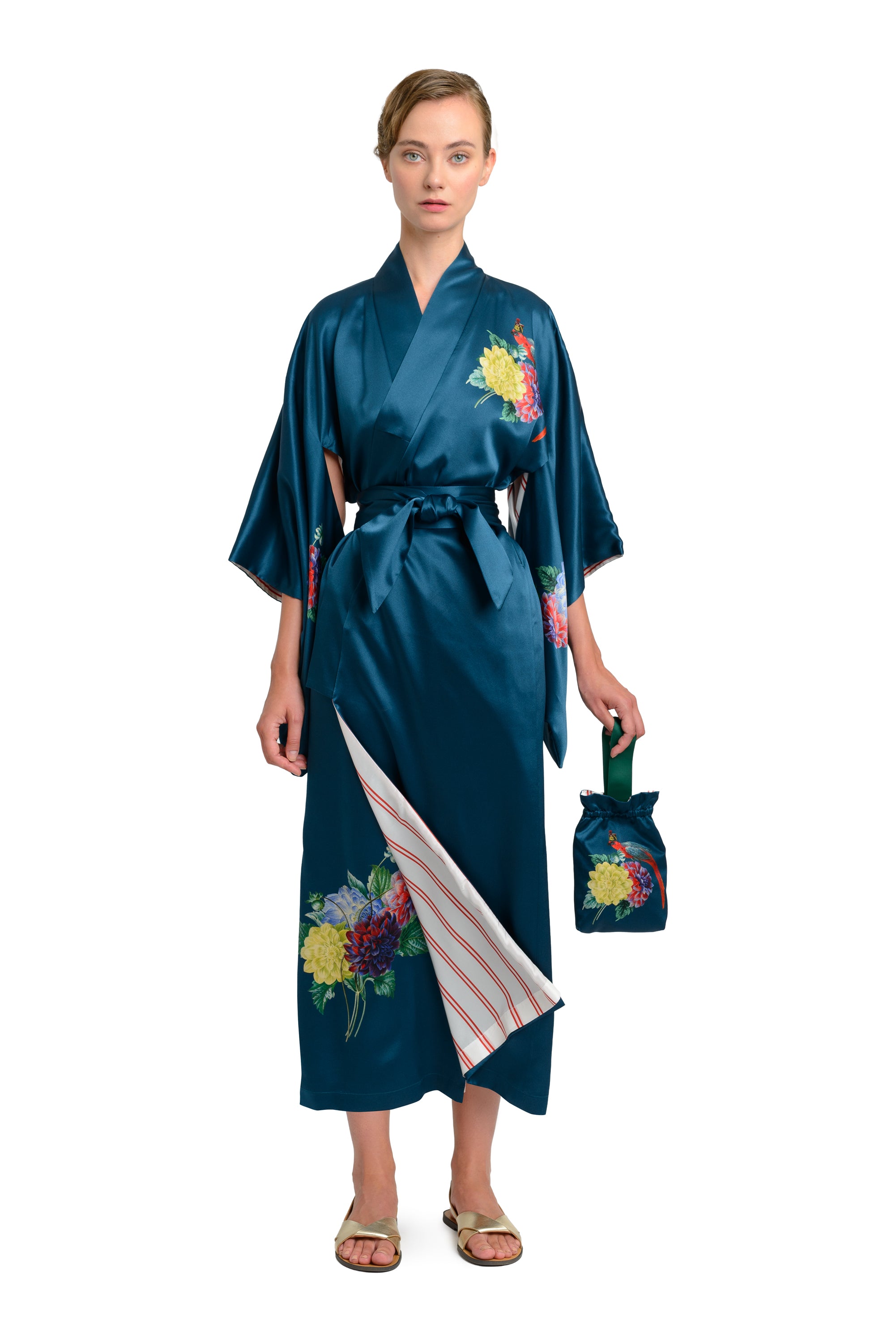 10th Anniversary Kimono "Dahlias" in Petrol Blue