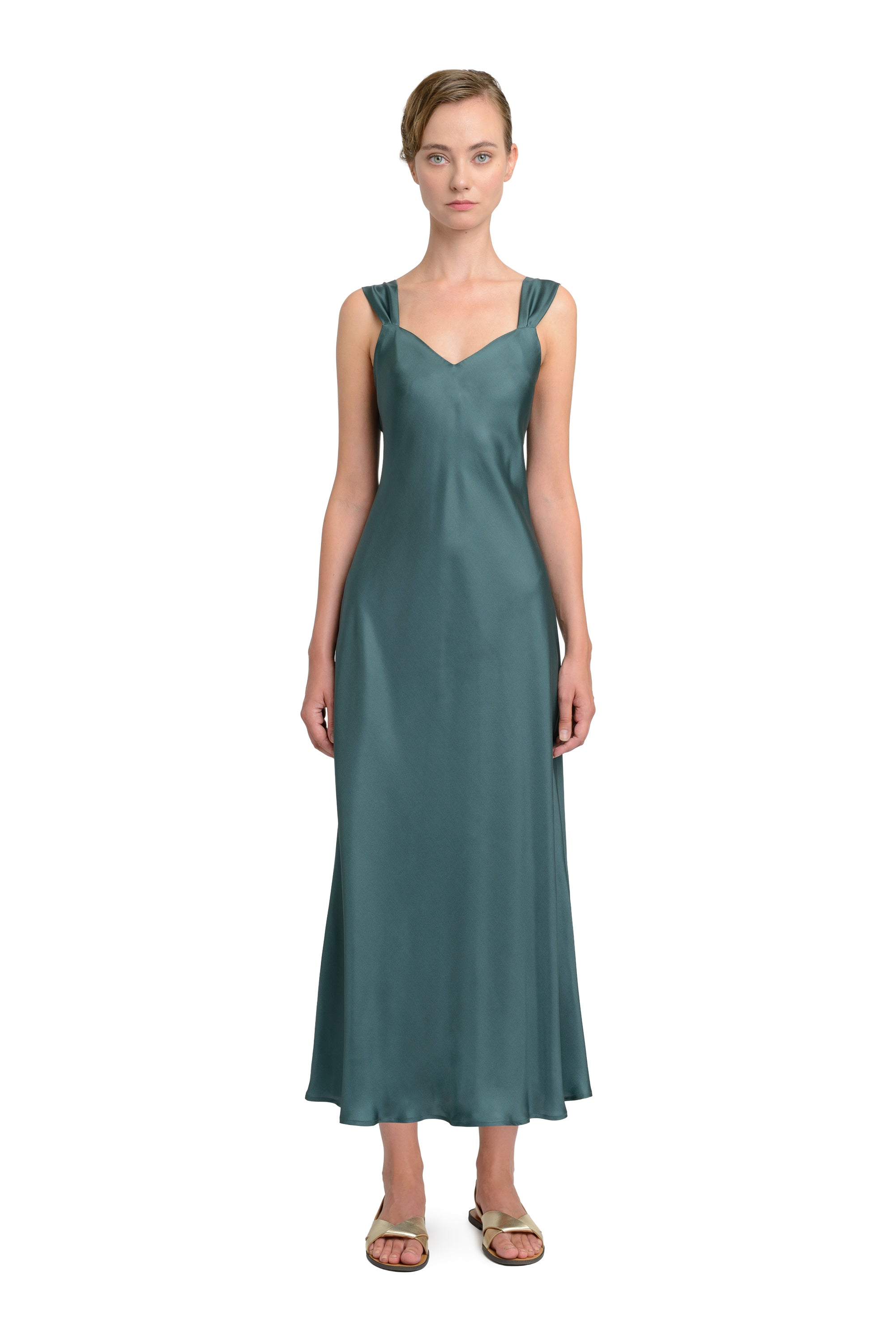 10th Anniversary Silk Slip Dress in Petrol Green