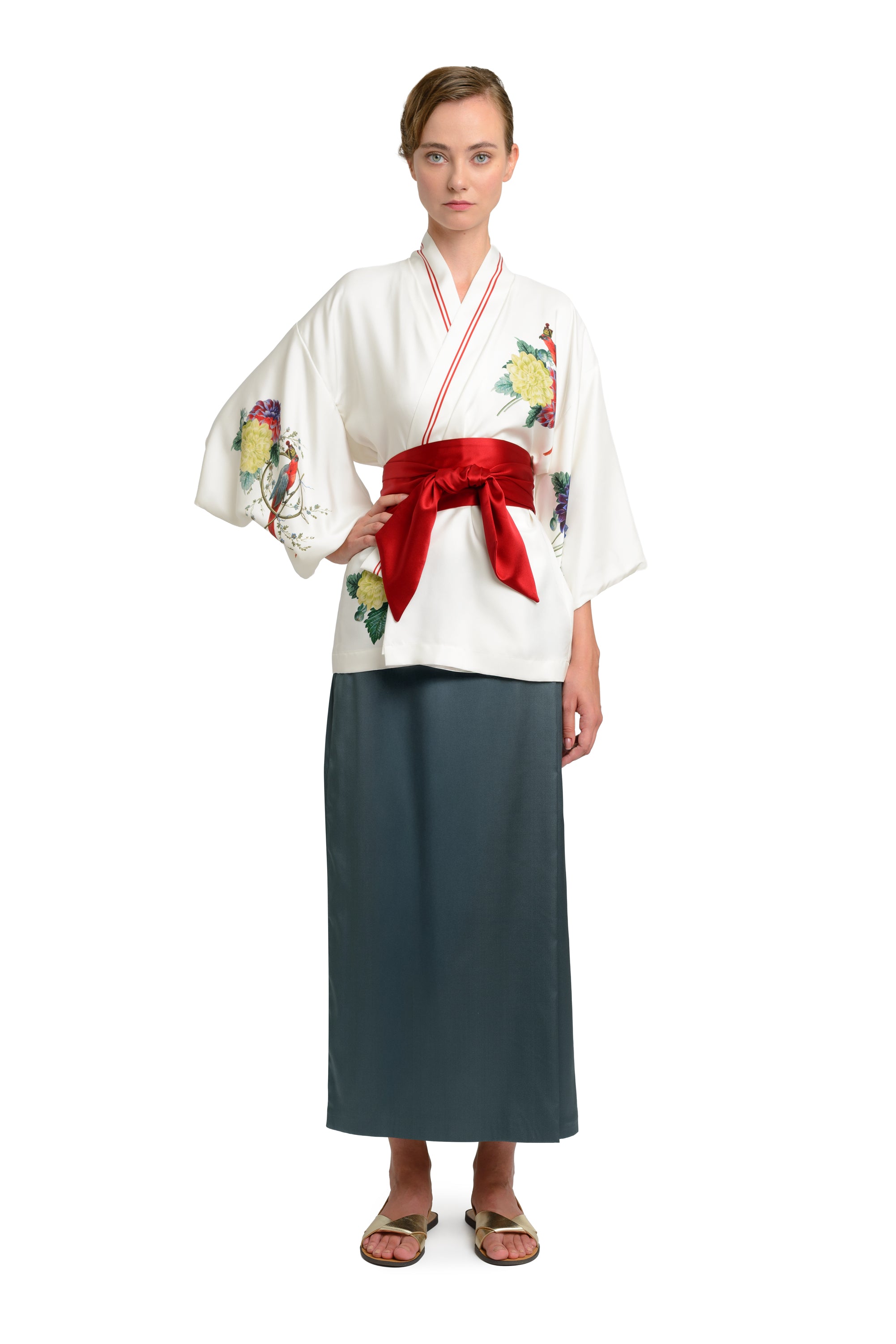 10th Anniversary Silk Jacket "Dahlias and Parrots" in Pearl White