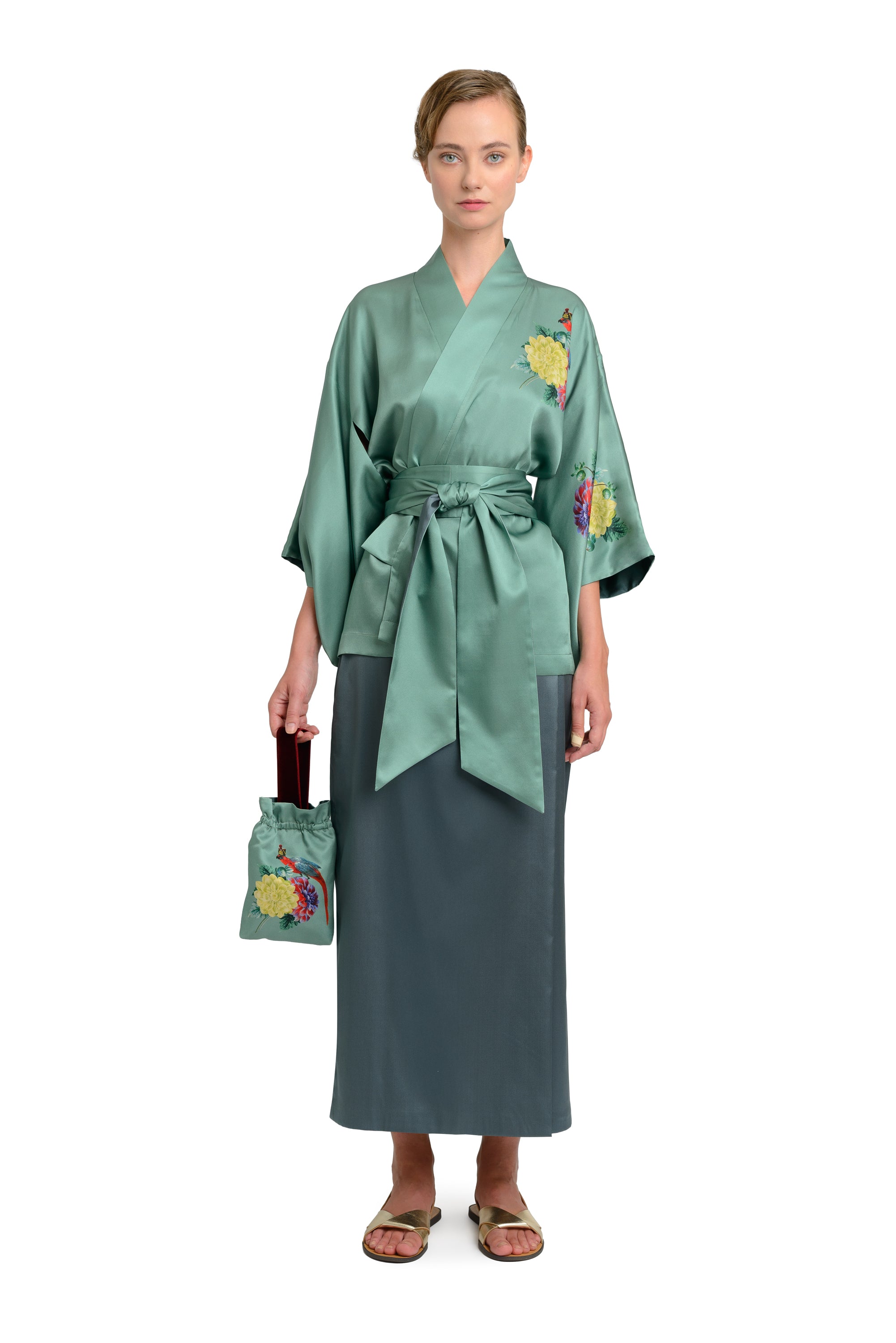 10th Anniversary Silk Jacket "Dahlias and Parrots" in Bluegreen