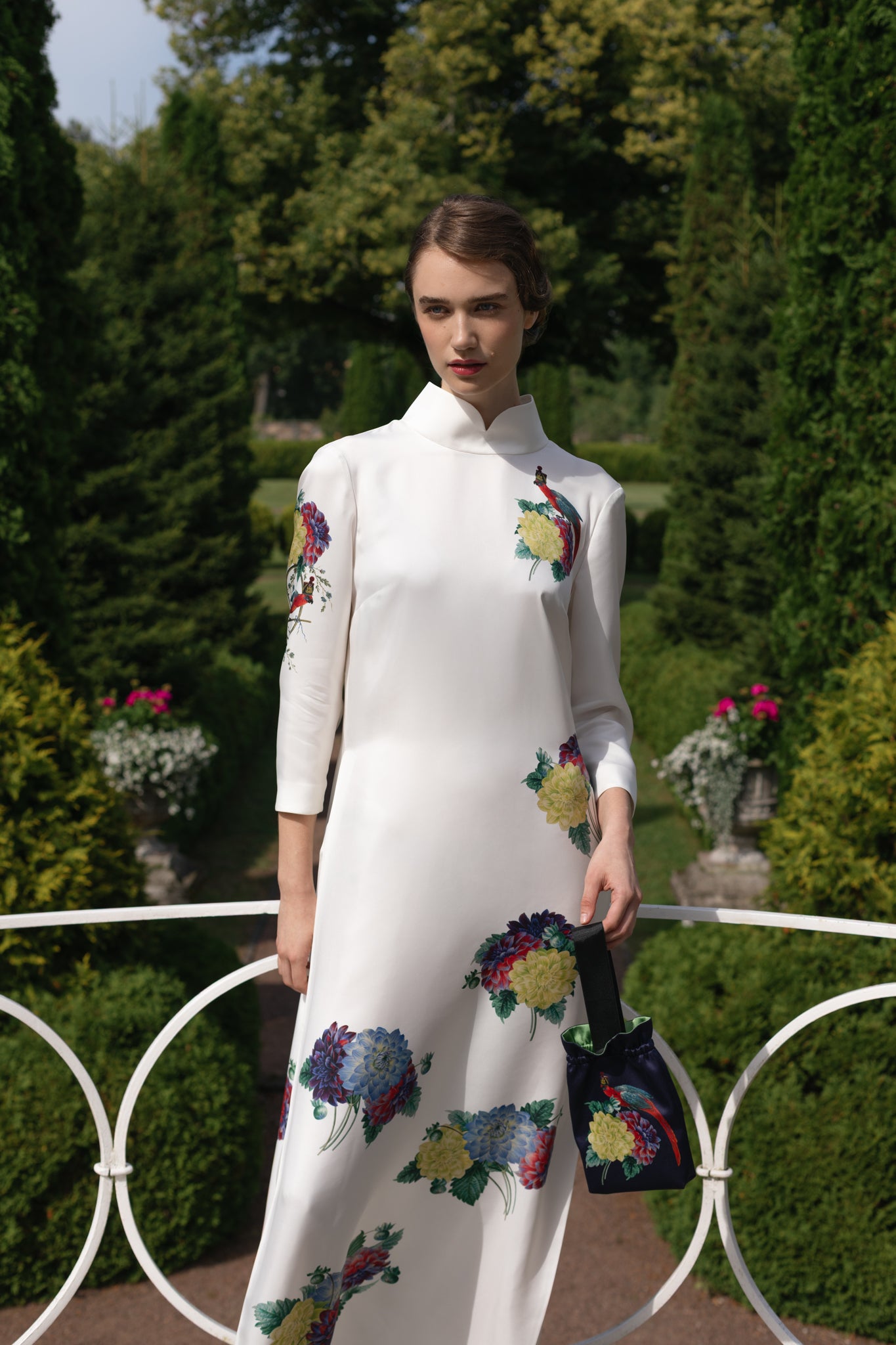 1Oth Anniversary Dress "Dahlias and Parrots" in Pearl White