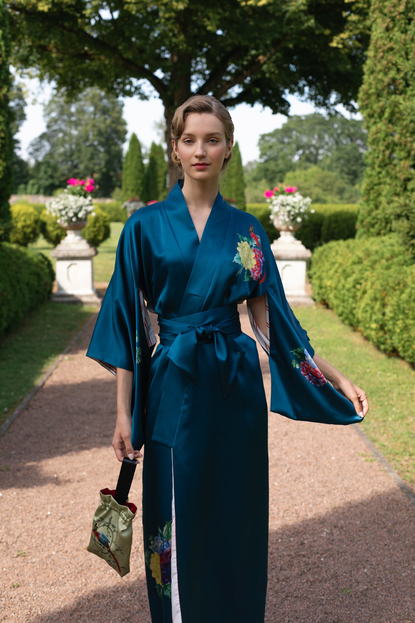 10th Anniversary Kimono "Dahlias" in Petrol Blue