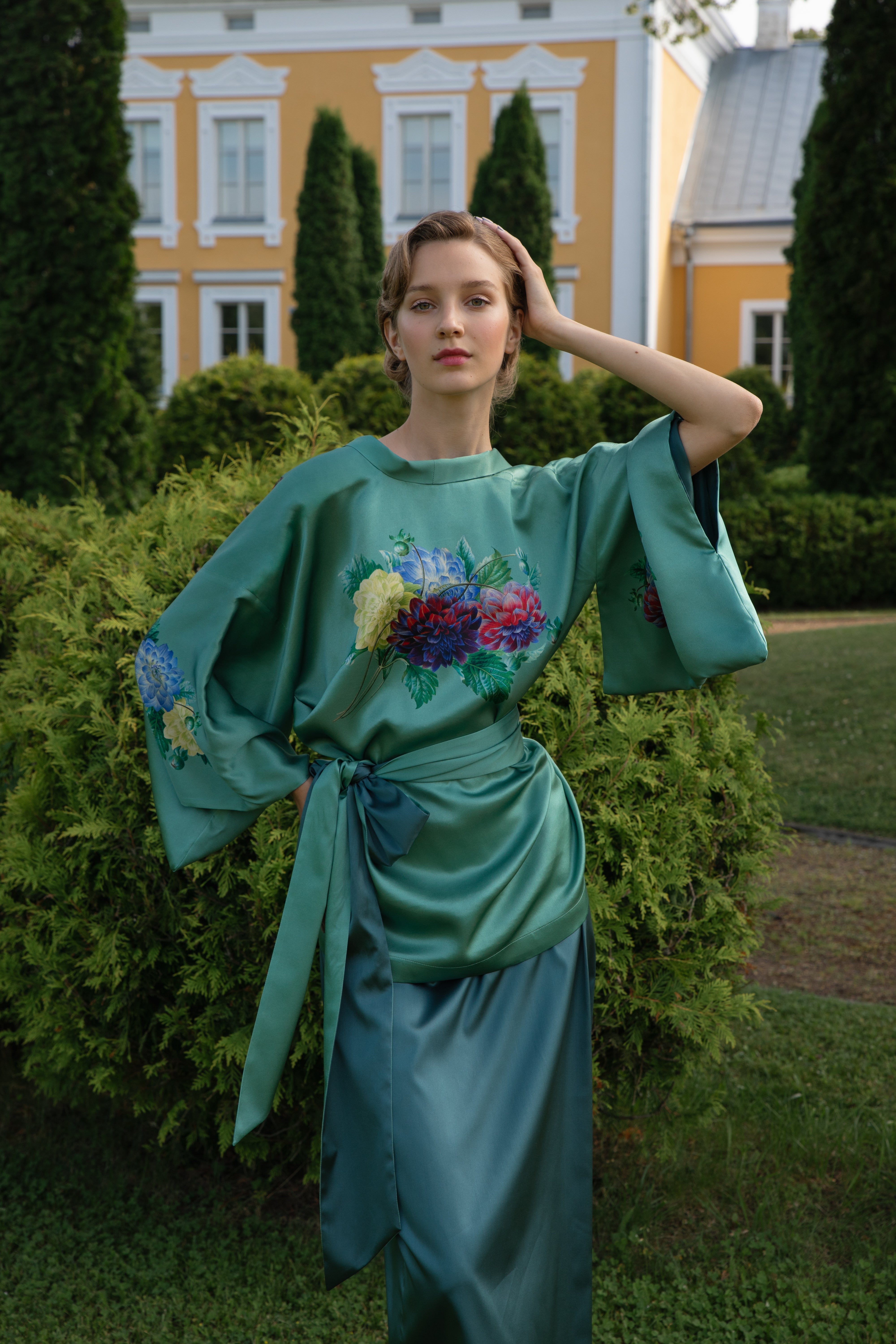 10th Anniversary Silk Jacket "Dahlias and Parrots" in Bluegreen