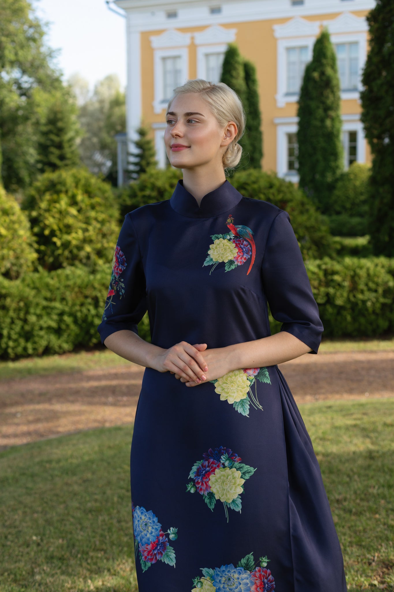 10th Anniversary Dress "Dahlias and Parrots" in Midnight Blue