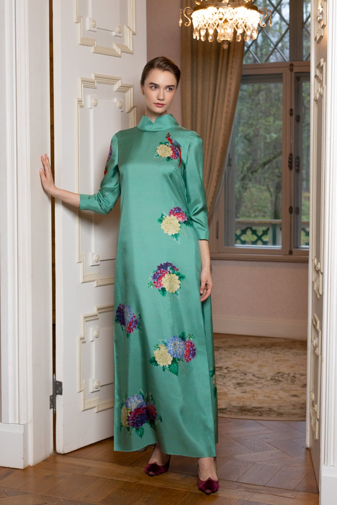 SILK DRESS "DAHLIAS AND PARROTS" IN BLUEGREEN