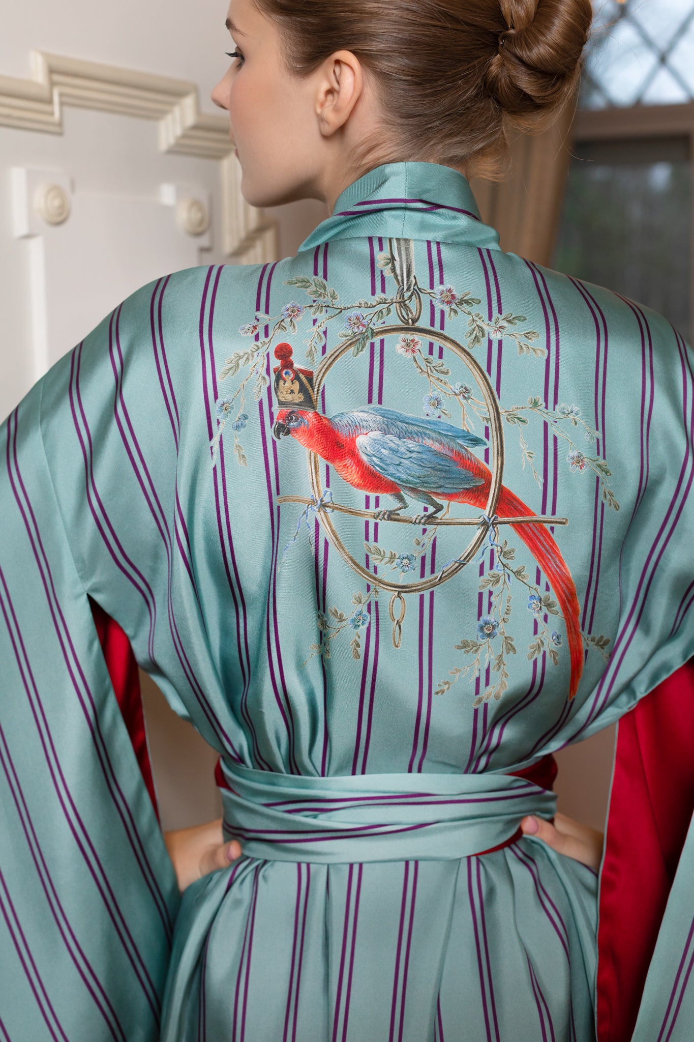 Striped Silk Kimono in Duck-egg blue