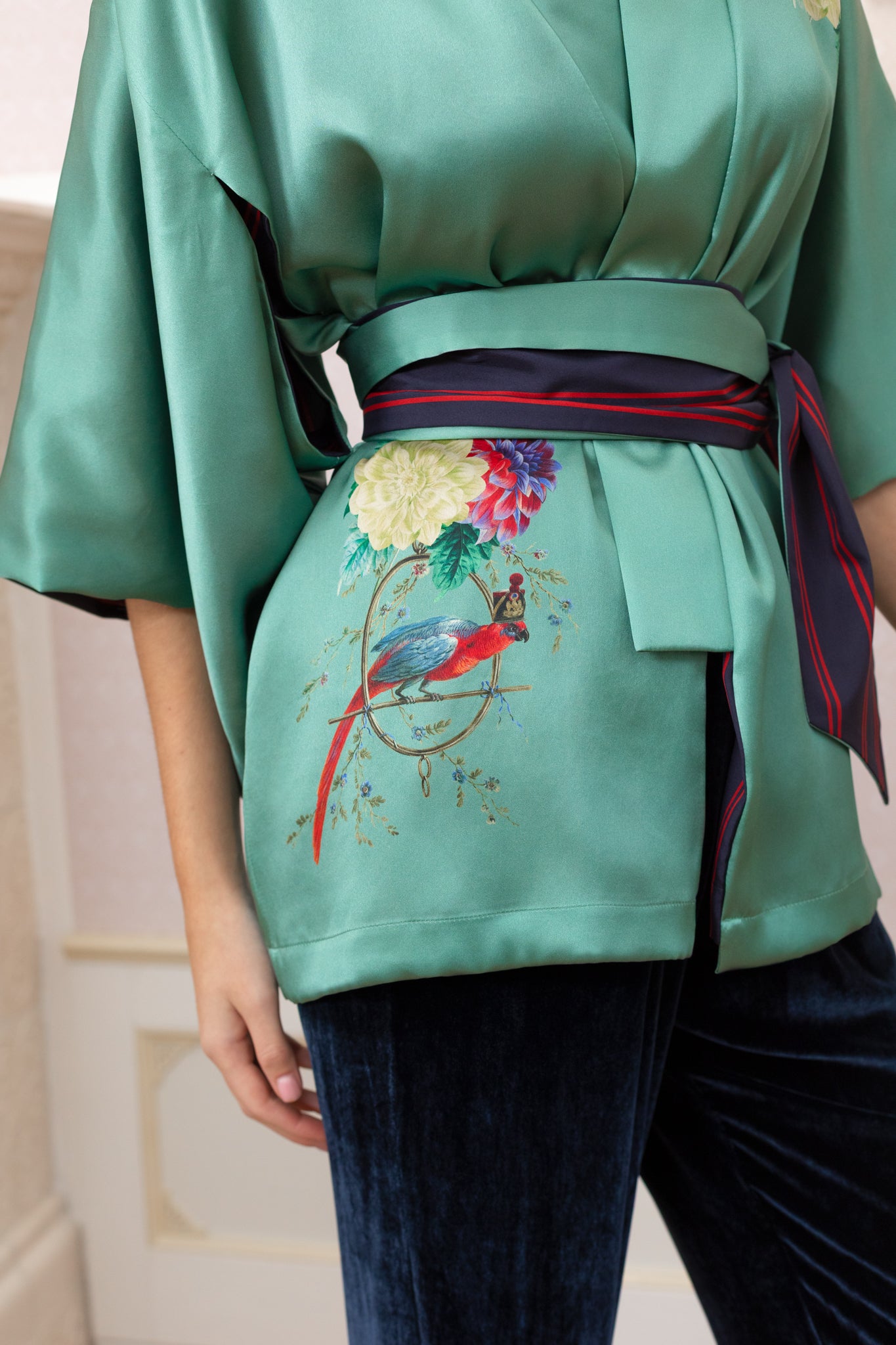 Silk Jacket "Dahlias and Parrots" in Bluegreen