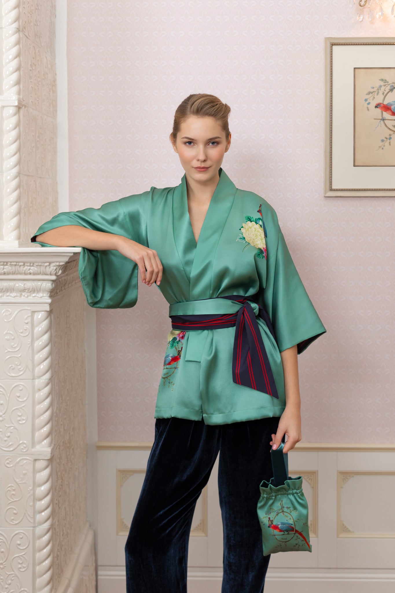 Silk Jacket "Dahlias and Parrots" in Bluegreen
