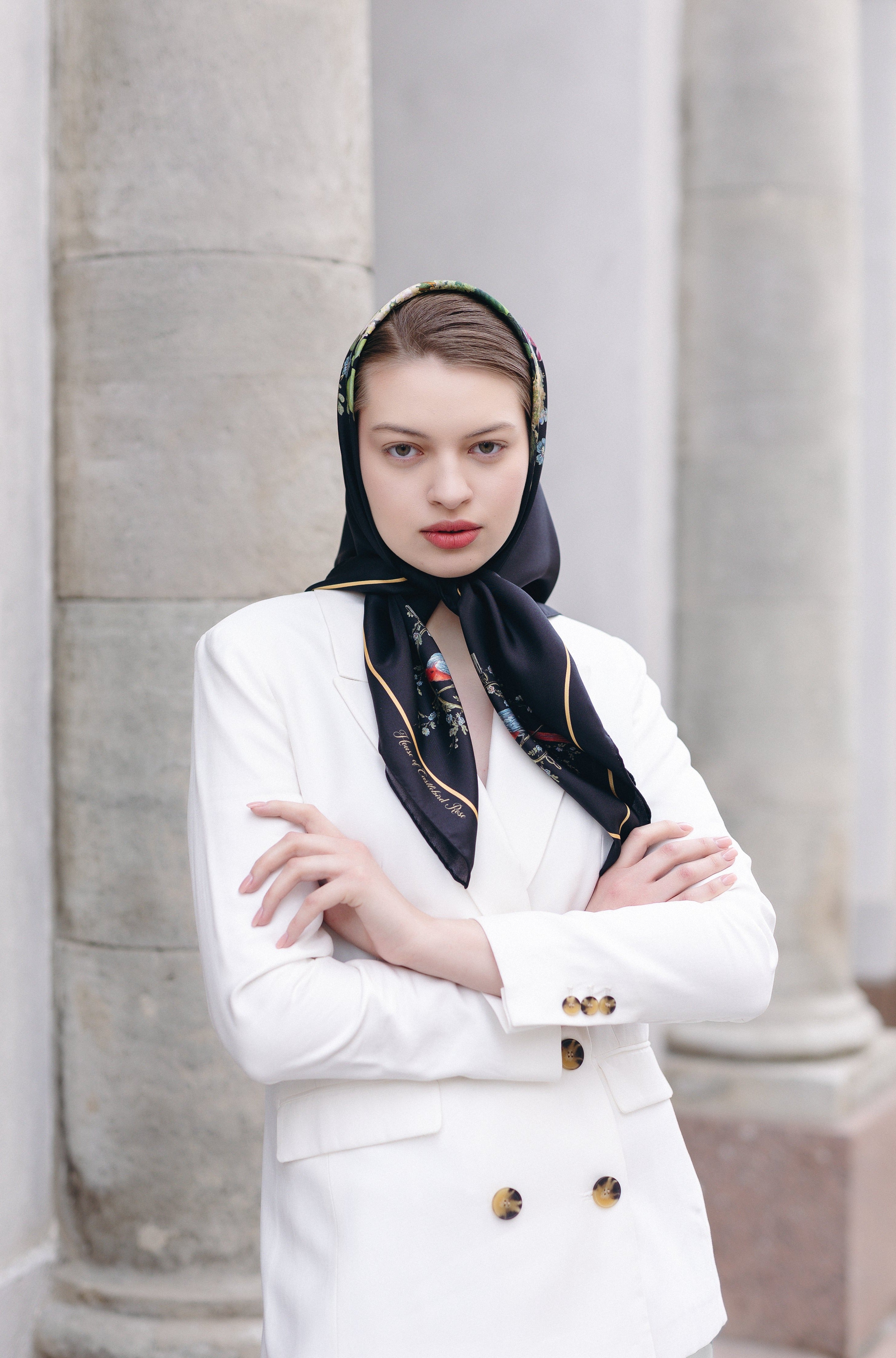 Silk Scarf "Bunch with Bleeding Hearts and Parrots" in black - House of Castlebird Rose