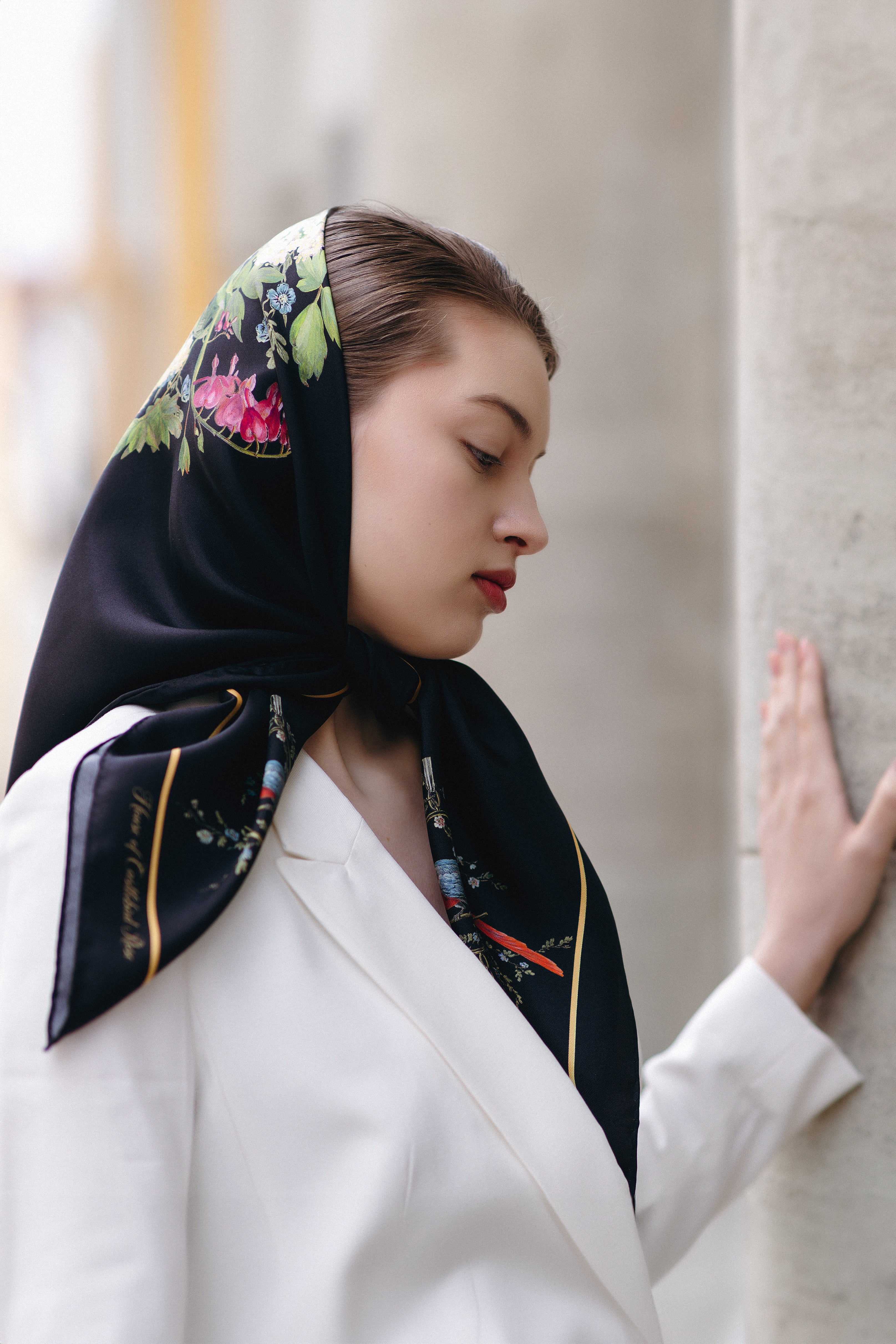 Silk Scarf "Bunch with Bleeding Hearts and Parrots" in black - House of Castlebird Rose