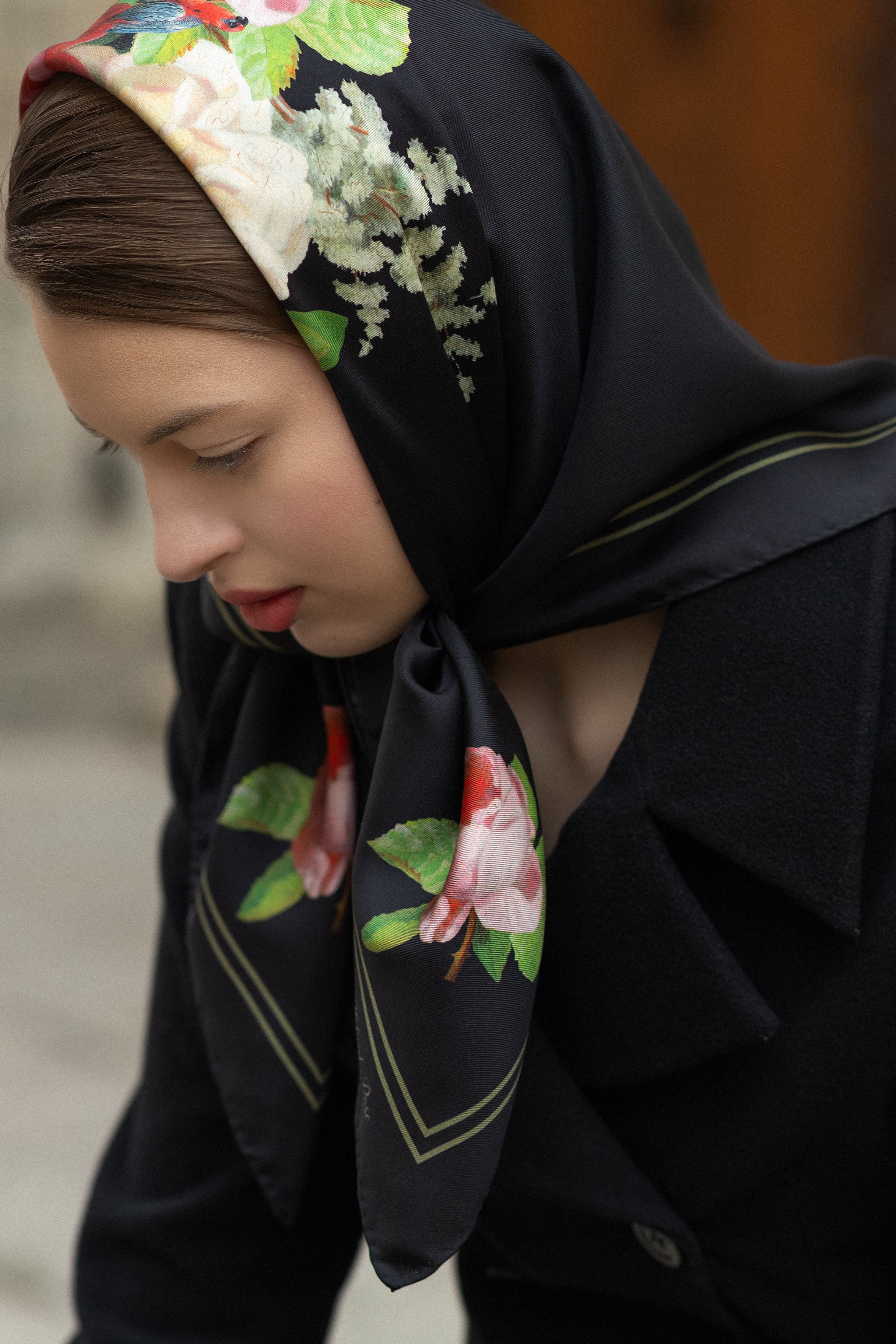 SILK SCARF "PAULINE" in ebony black - House of Castlebird Rose