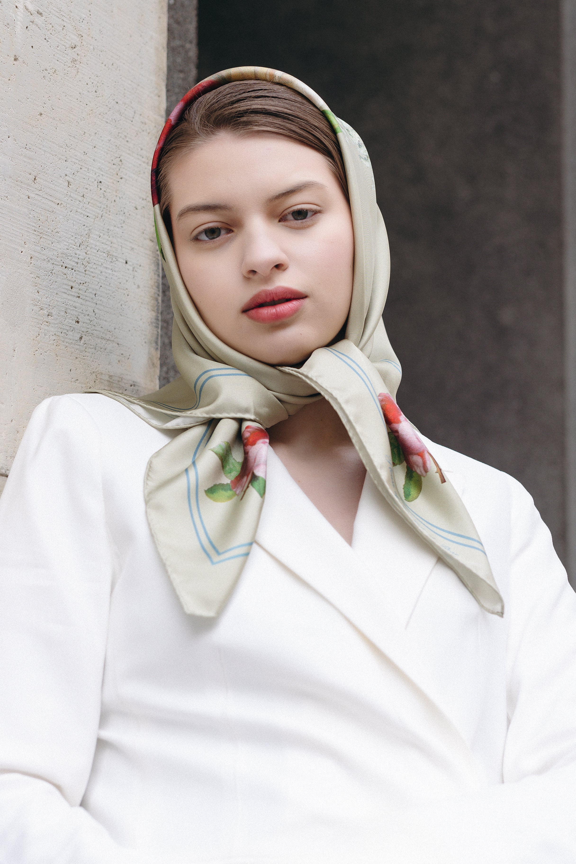 SILK SCARF "PAULINE"  in pale olive - House of Castlebird Rose