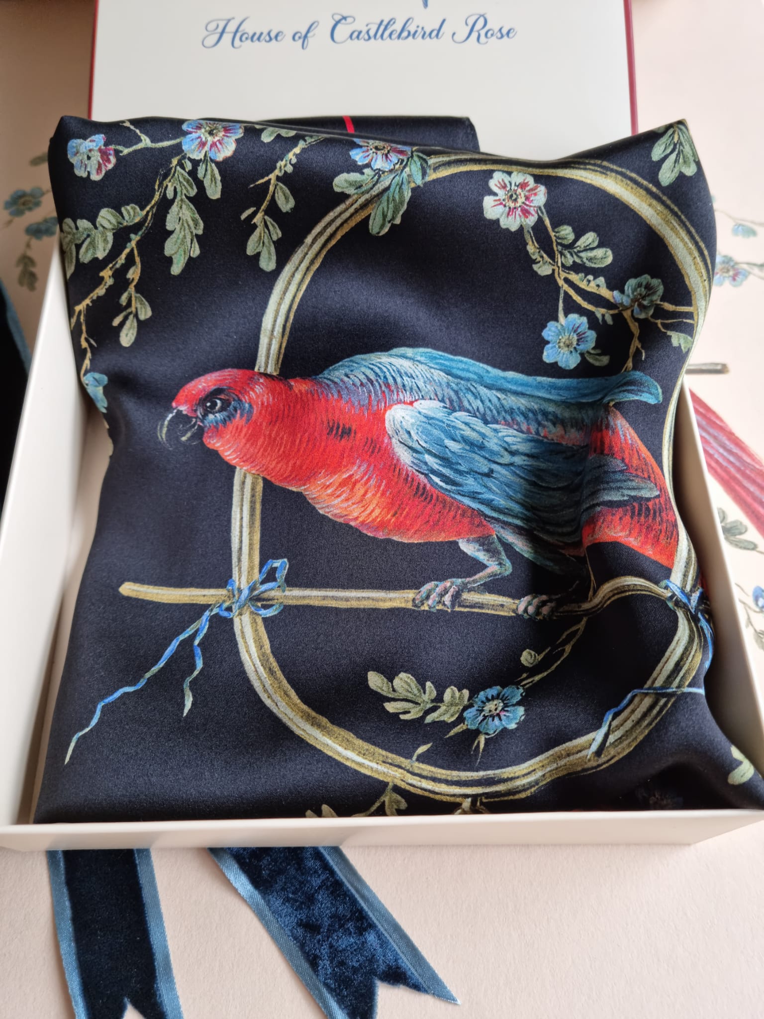 Silk Scarf ''Le Perroquet'' in black - House of Castlebird Rose