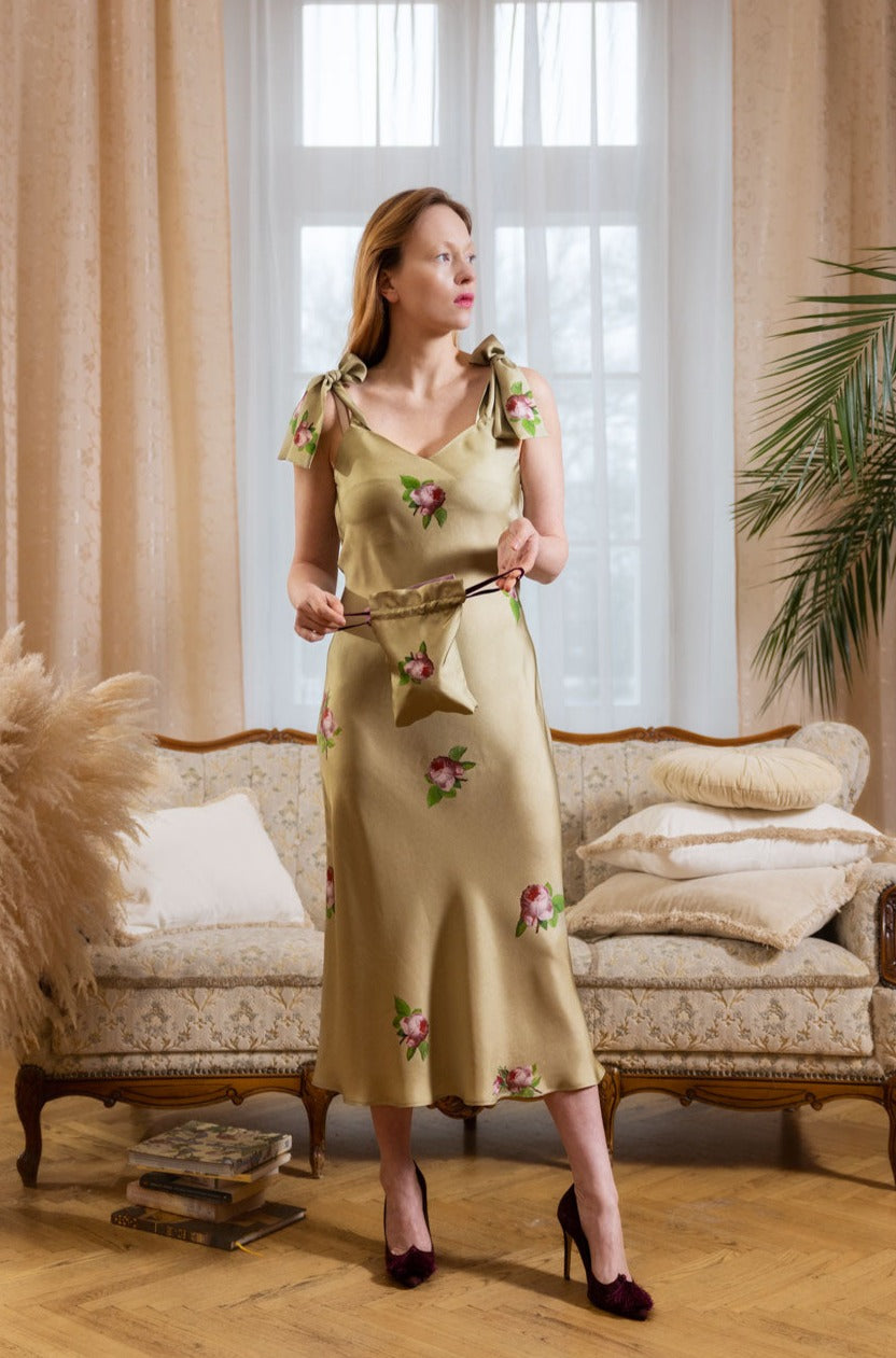 SILK SLIP DRESS "PAULINE" in Pale Olive - House of Castlebird Rose