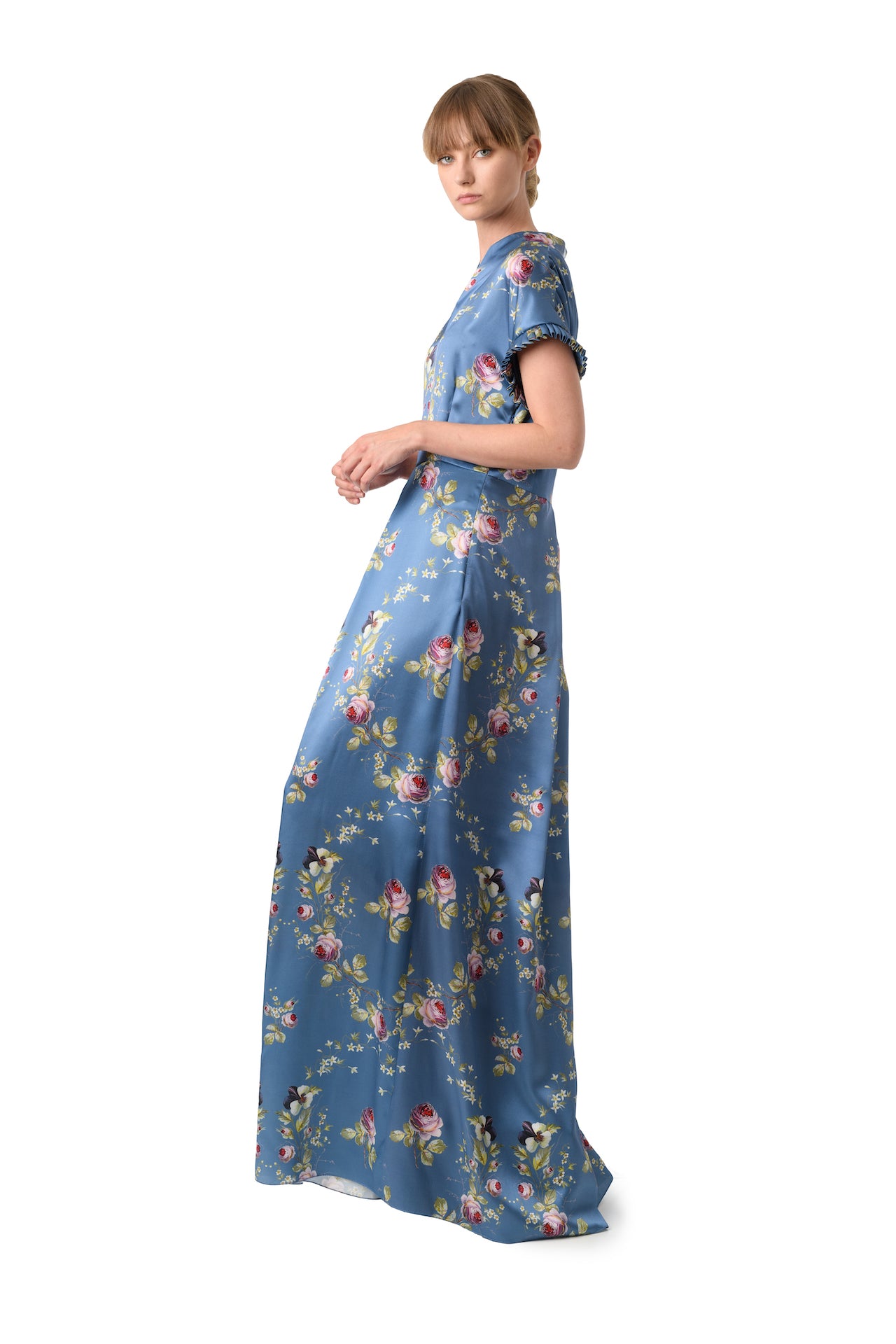 Semi-Casual Silk Dress in Blue Satin ''Belle Époque'' - House of Castlebird Rose