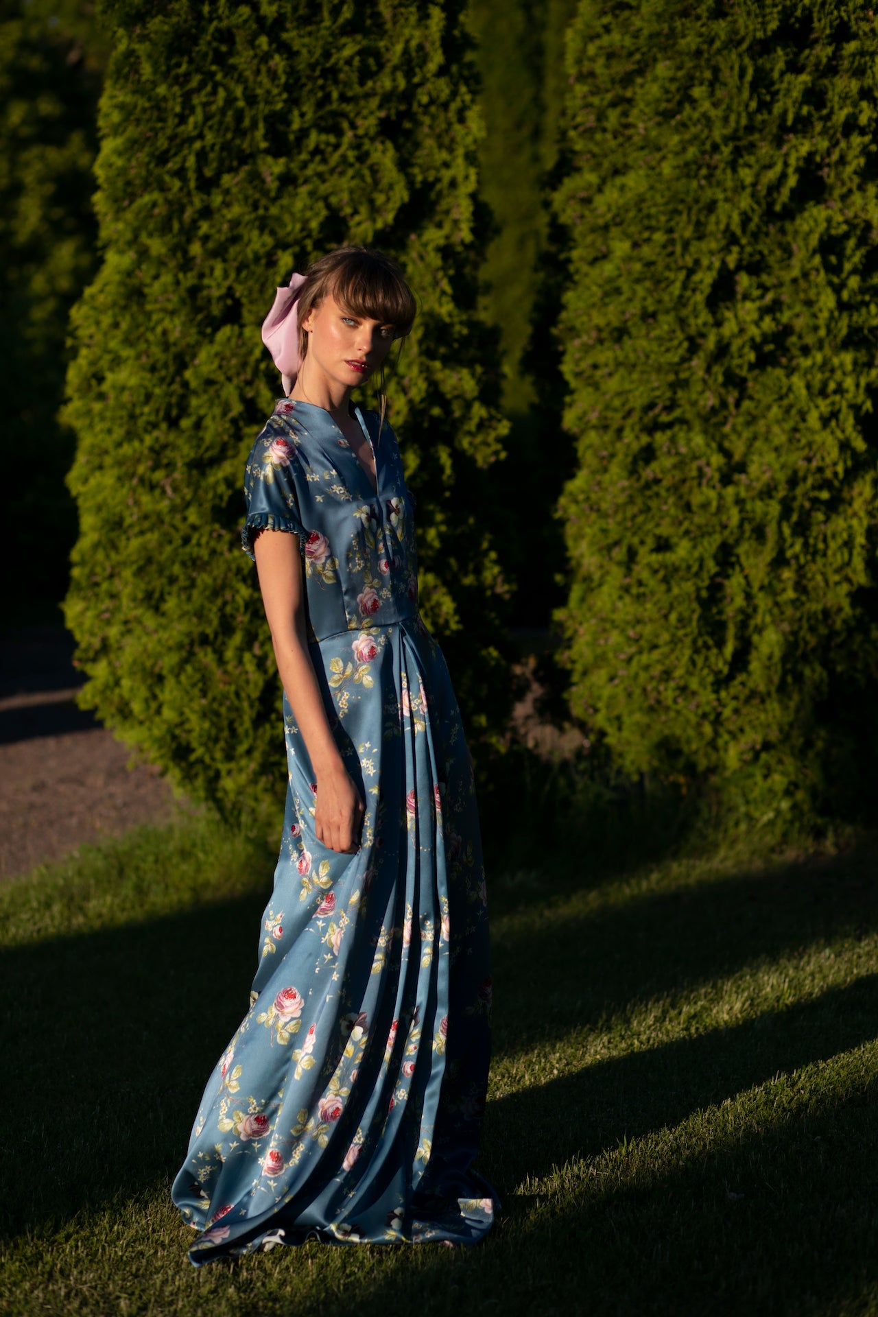 Semi-Casual Silk Dress in Blue Satin ''Belle Époque'' - House of Castlebird Rose