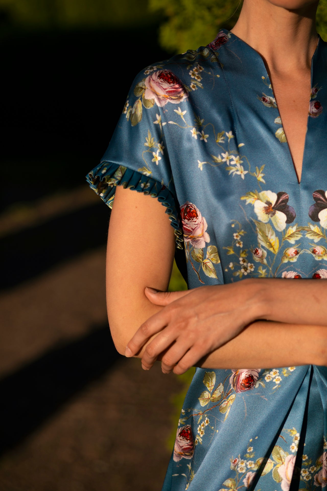 Semi-Casual Silk Dress in Blue Satin ''Belle Époque'' - House of Castlebird Rose