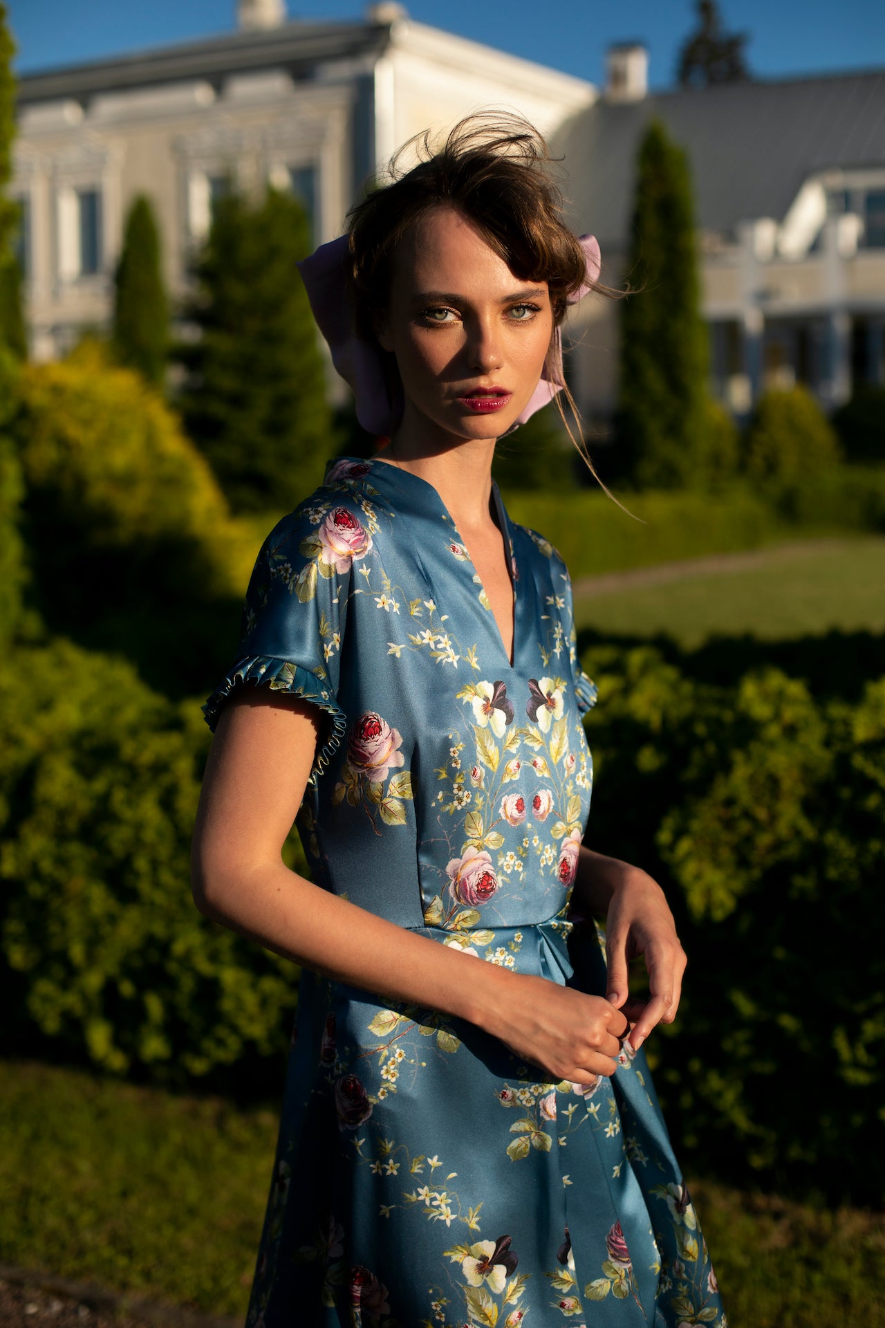 Semi-Casual Silk Dress in Blue Satin ''Belle Époque'' - House of Castlebird Rose