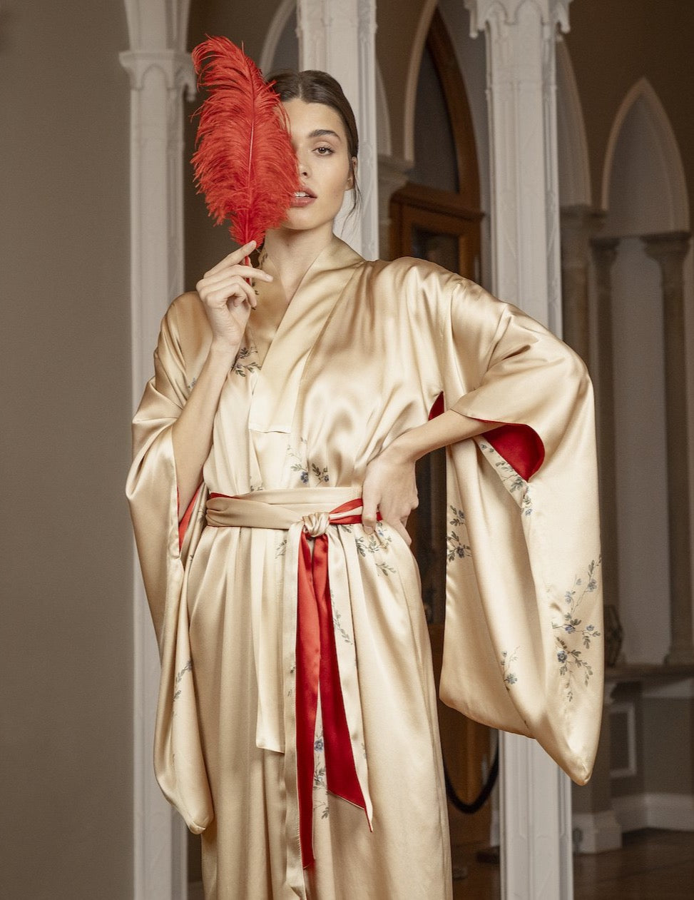 Maxi silk kimono sunset gold ''Le Perroquet'' - House of Castlebird Rose